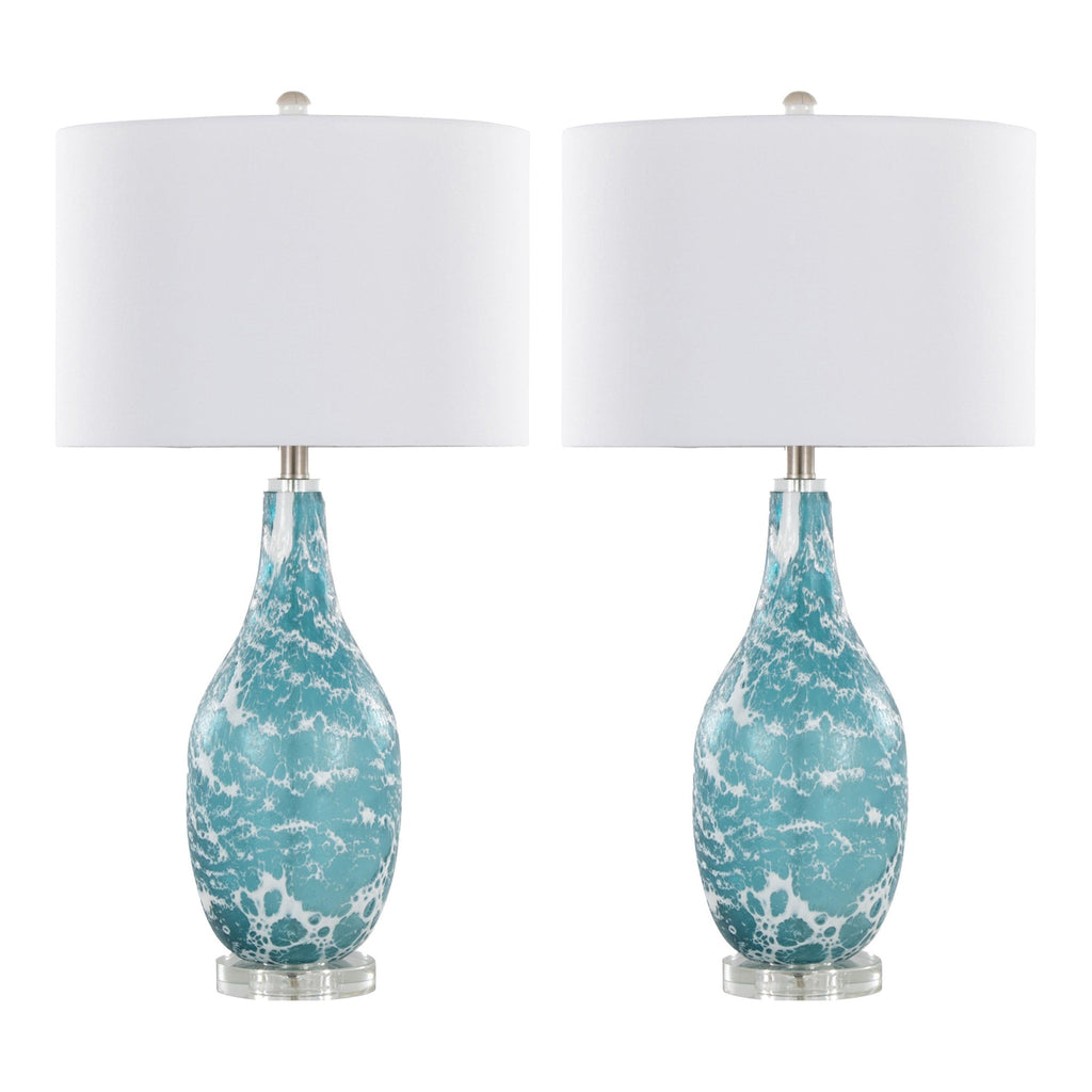 Rocca 29" Glass Table Lamp - Set of 2 - Sapphire Blue With White Glass, Brushed Nickel, Clear Crystal, White Linen