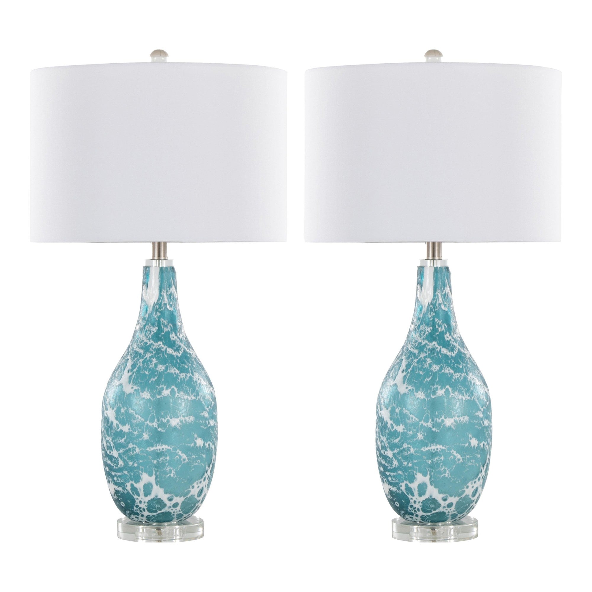 Rocca 29" Glass Table Lamp - Set of 2 - Sapphire Blue With White Glass, Brushed Nickel, Clear Crystal, White Linen