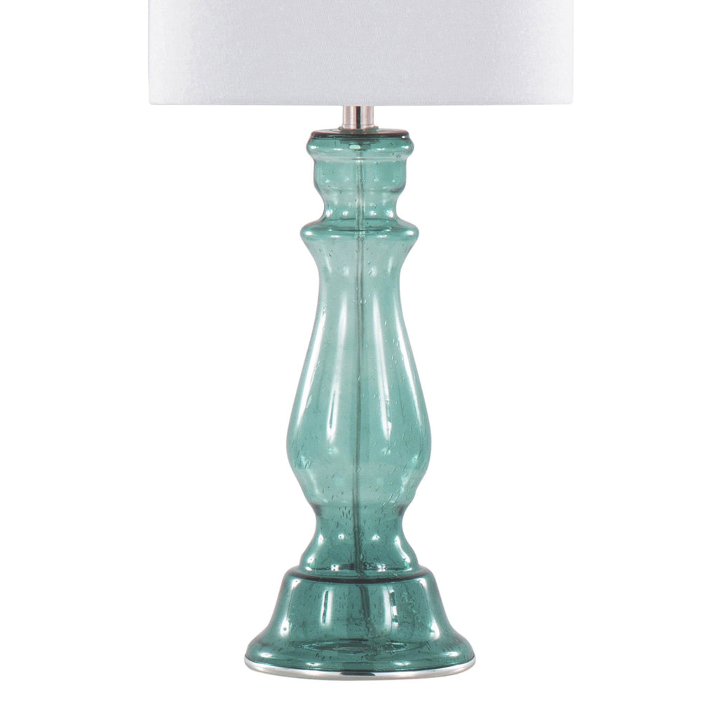 Bishop 25" Glass Table Lamp - Set of 2 - Clear Angel Blue Seeded Glass, Polished Nickel, White Linen
