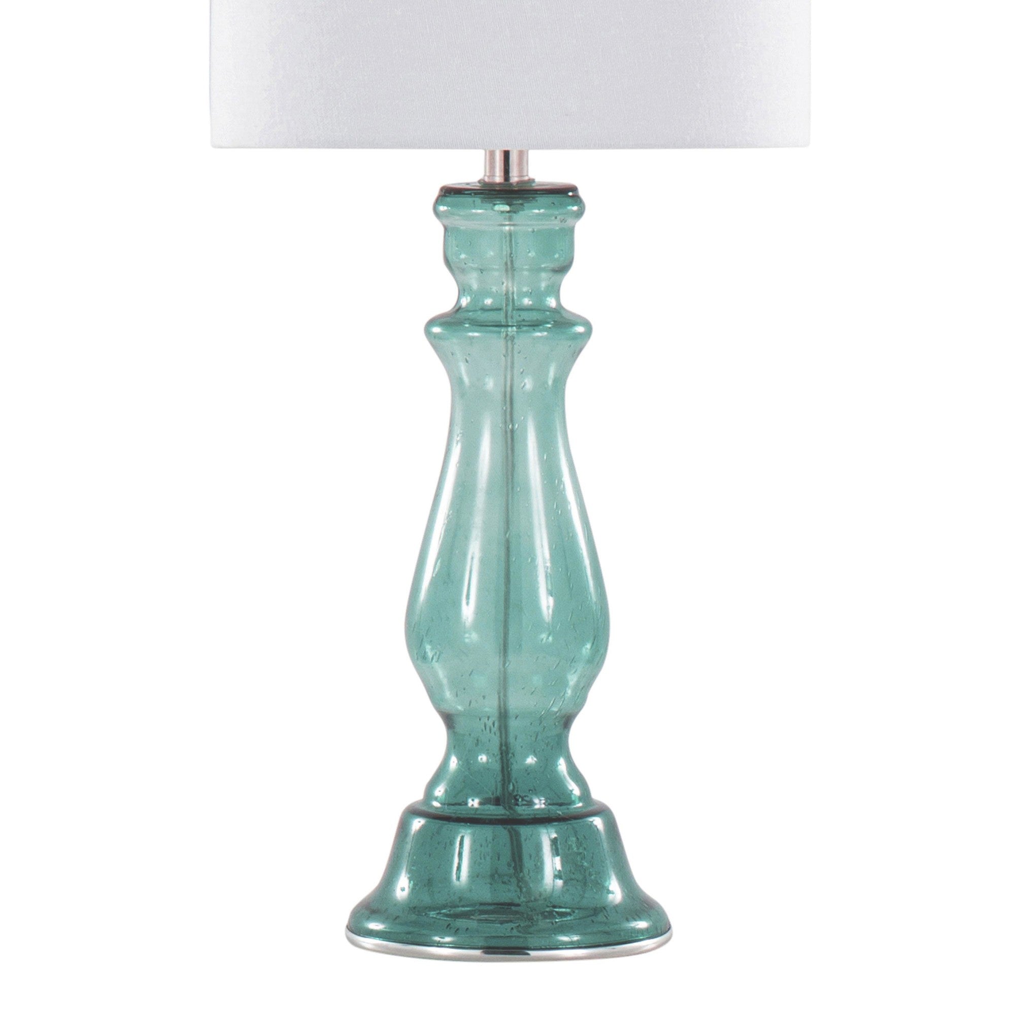 Bishop 25" Glass Table Lamp - Set of 2 - Clear Angel Blue Seeded Glass, Polished Nickel, White Linen