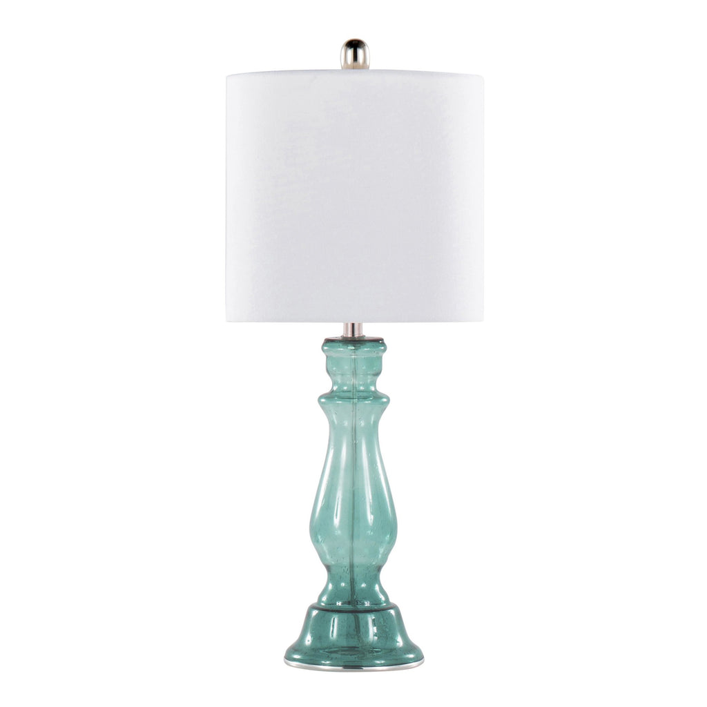 Bishop 25" Glass Table Lamp - Set of 2 - Clear Angel Blue Seeded Glass, Polished Nickel, White Linen