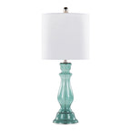 Bishop 25" Glass Table Lamp - Set of 2 - Clear Angel Blue Seeded Glass, Polished Nickel, White Linen