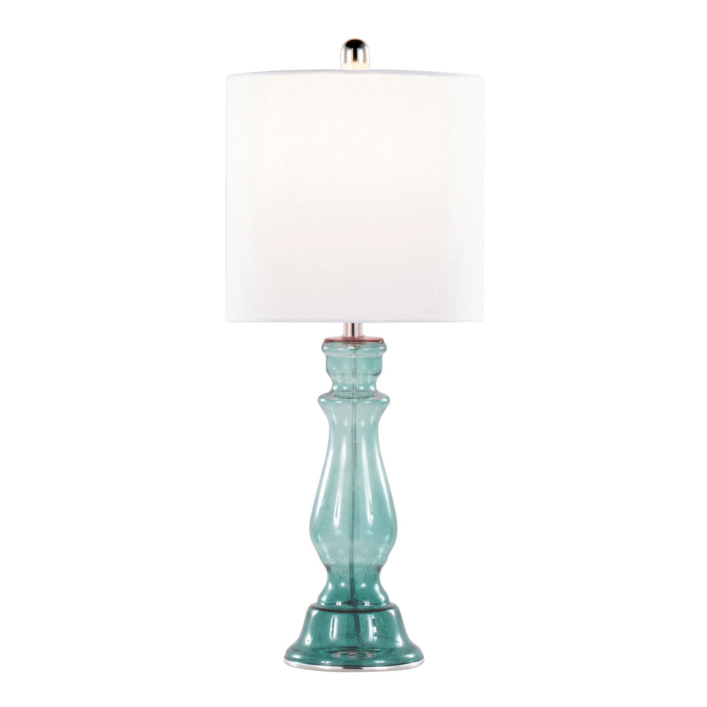 Bishop 25" Glass Table Lamp - Set of 2 - Clear Angel Blue Seeded Glass, Polished Nickel, White Linen