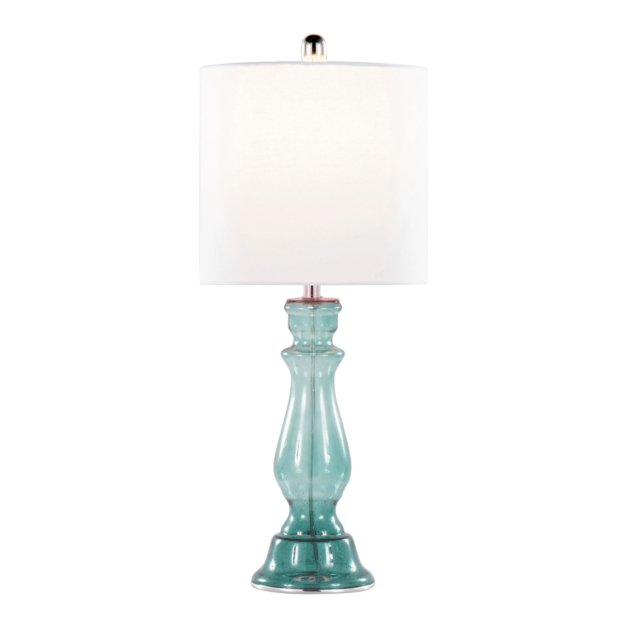 Bishop 25" Glass Table Lamp - Set of 2 - Clear Angel Blue Seeded Glass, Polished Nickel, White Linen