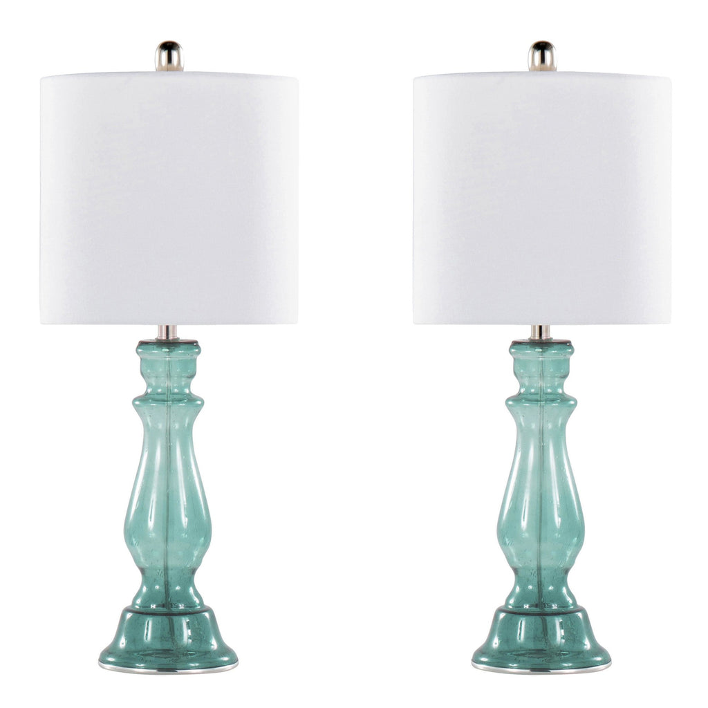 Bishop 25" Glass Table Lamp - Set of 2 - Clear Angel Blue Seeded Glass, Polished Nickel, White Linen