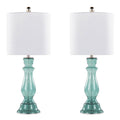 Bishop 25" Glass Table Lamp - Set of 2 - Clear Angel Blue Seeded Glass, Polished Nickel, White Linen