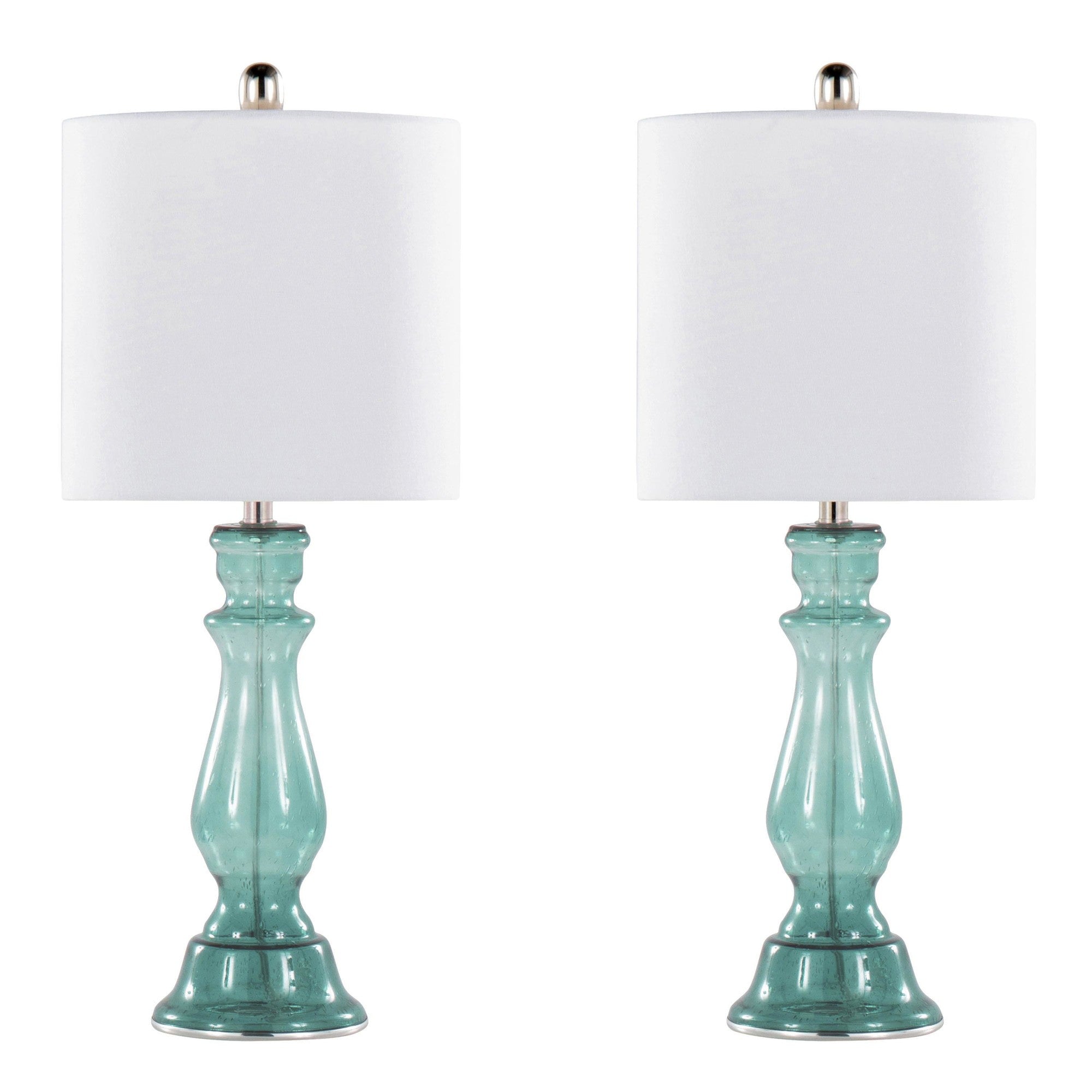 Bishop 25" Glass Table Lamp - Set of 2 - Clear Angel Blue Seeded Glass, Polished Nickel, White Linen