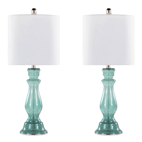 Bishop 25" Glass Table Lamp - Set of 2 - Clear Angel Blue Seeded Glass, Polished Nickel, White Linen