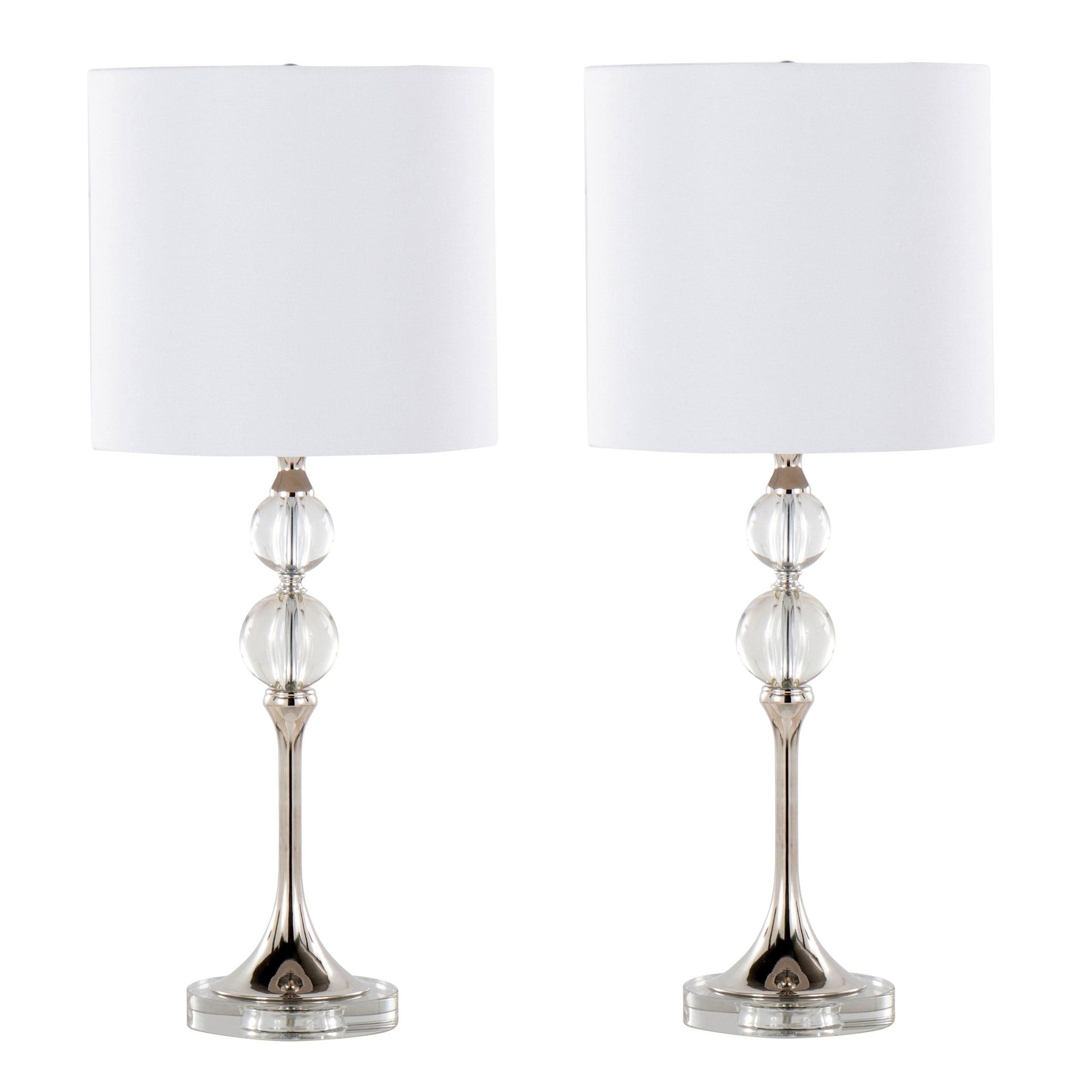 Clara 26" Crystal Table Lamp - Set of 2 - Clear Crystal, Polished Nickel, White Linen