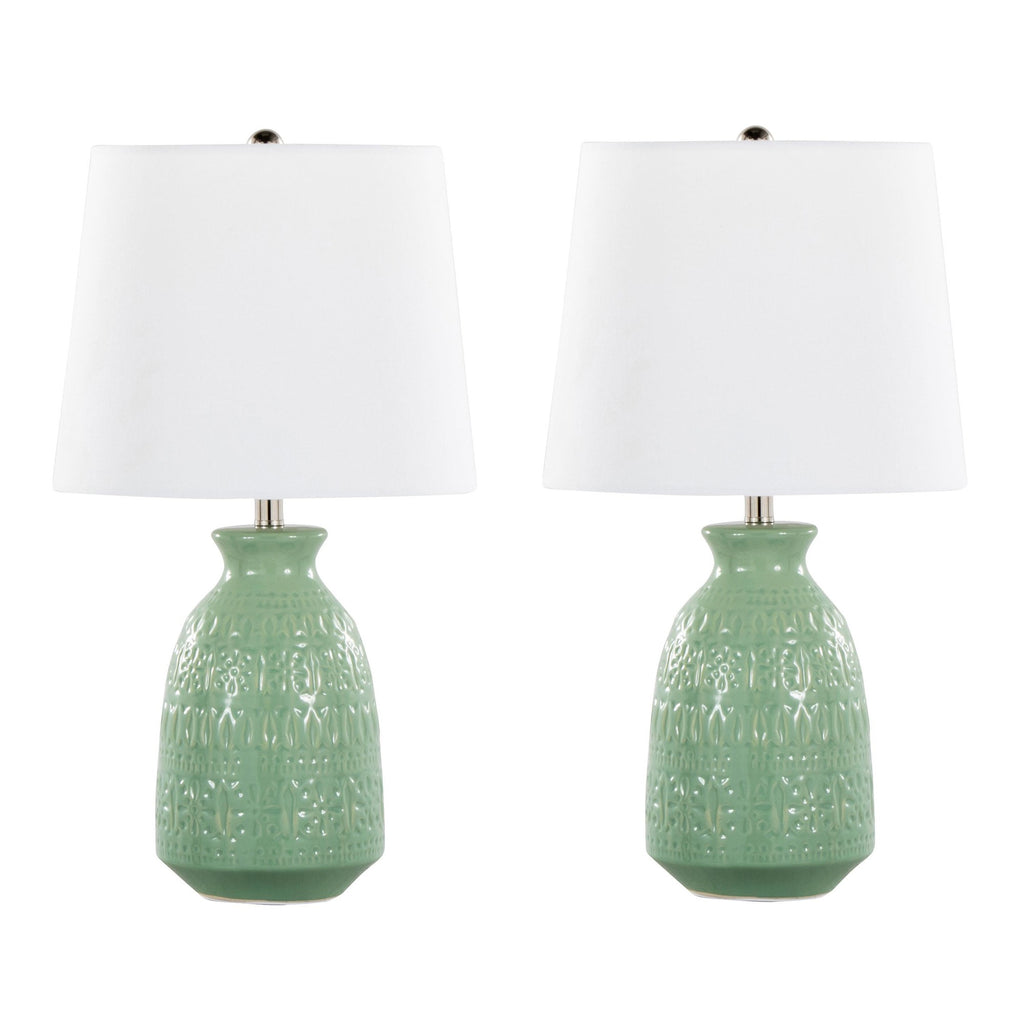 Claudia 20" Ceramic Accent Lamp - Set of 2 - Sage Green Ceramic, Polished Nickel, White Linen