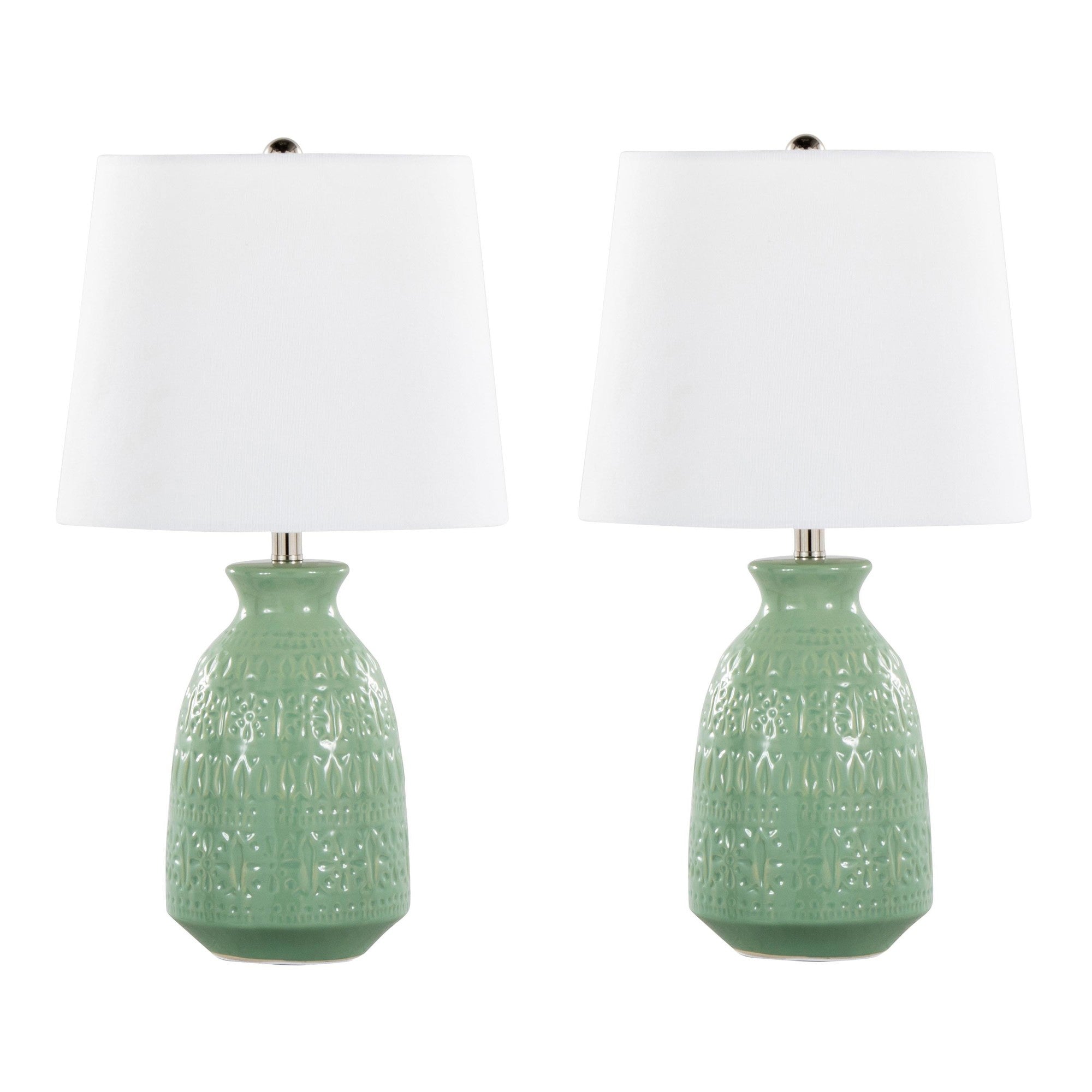 Claudia 20" Ceramic Accent Lamp - Set of 2 - Sage Green Ceramic, Polished Nickel, White Linen