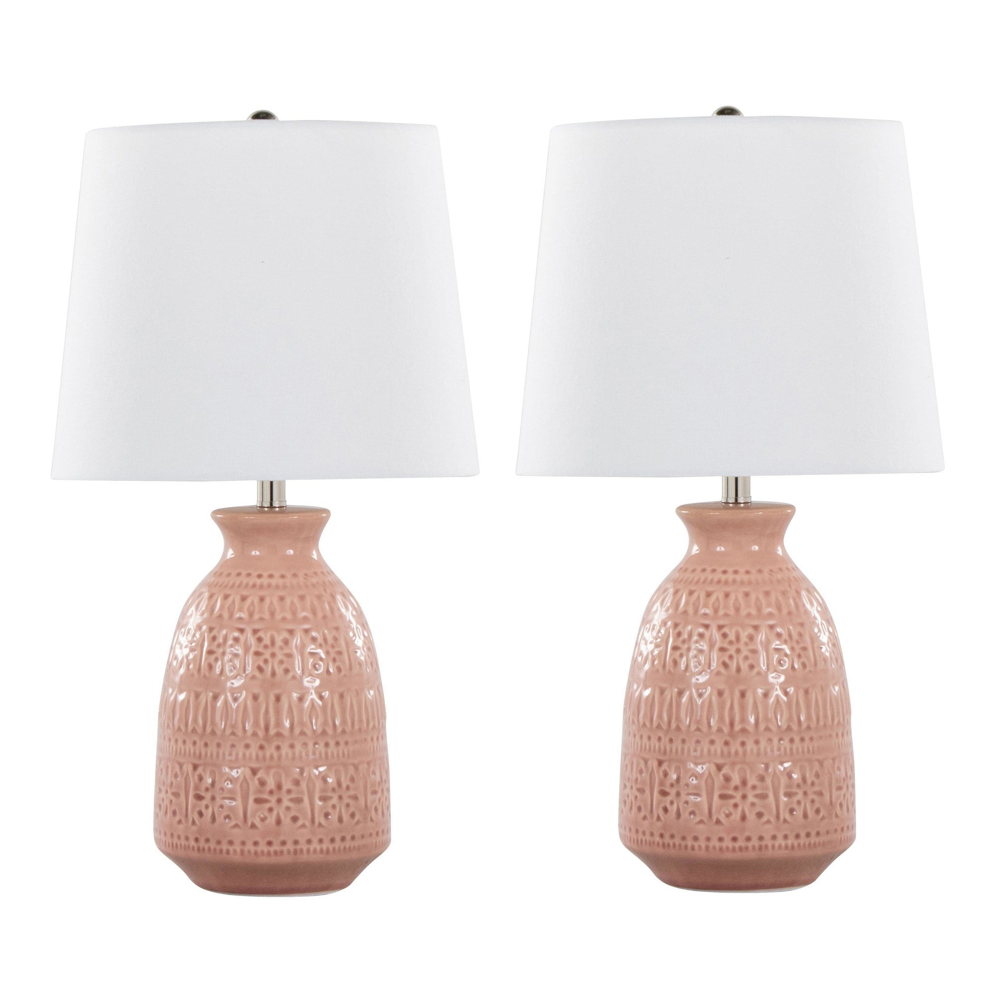 Claudia 20" Ceramic Accent Lamp - Set of 2 - Rose Tan Ceramic, Polished Nickel, White Linen
