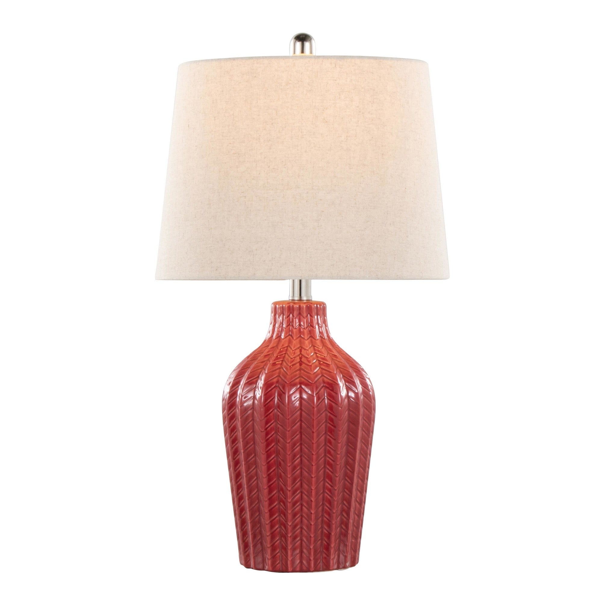 Rockwell 23" Ceramic Table Lamp - Set of 2 - Glossy Brick Red Ceramic, Polished Nickel, Natural Linen