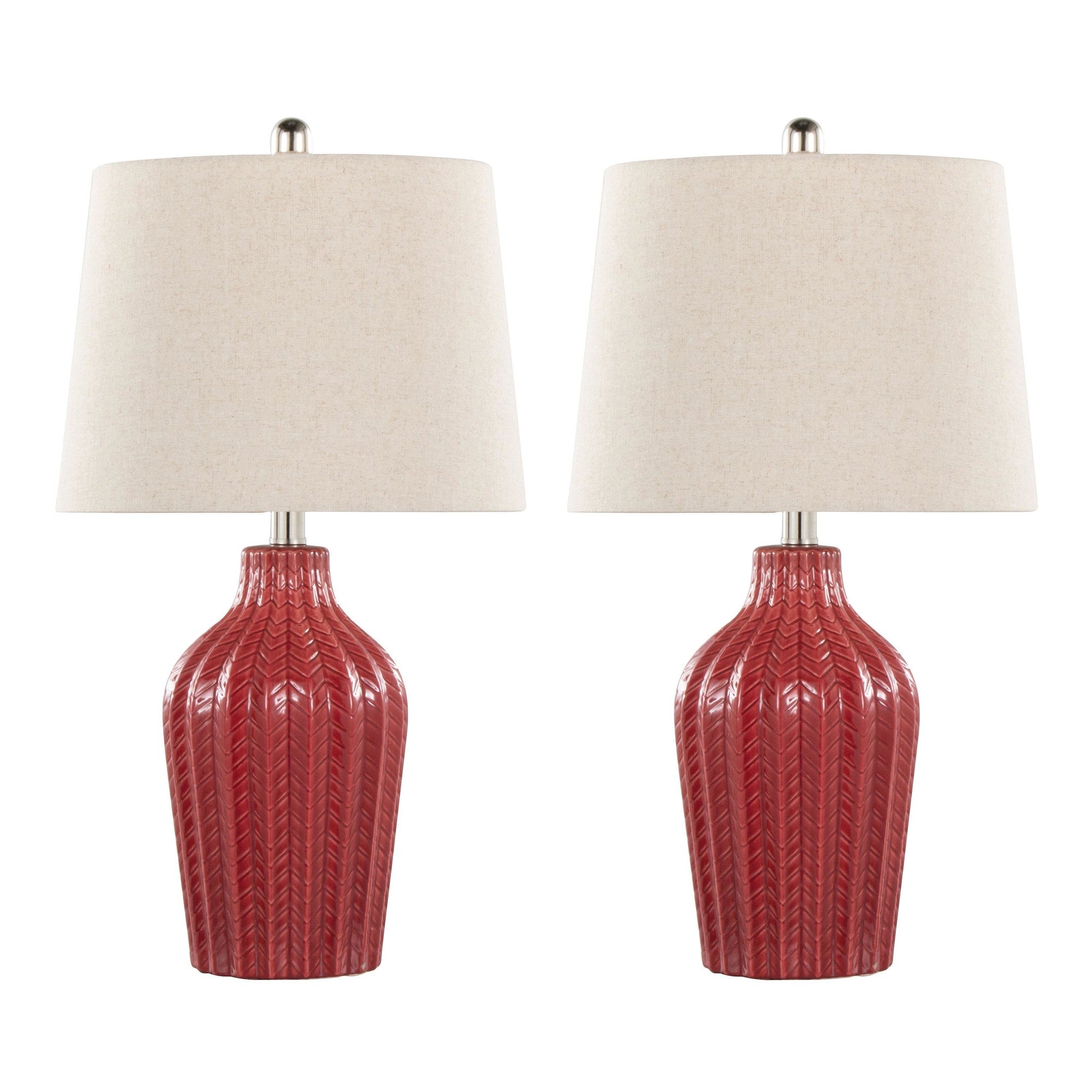 Rockwell 23" Ceramic Table Lamp - Set of 2 - Glossy Brick Red Ceramic, Polished Nickel, Natural Linen