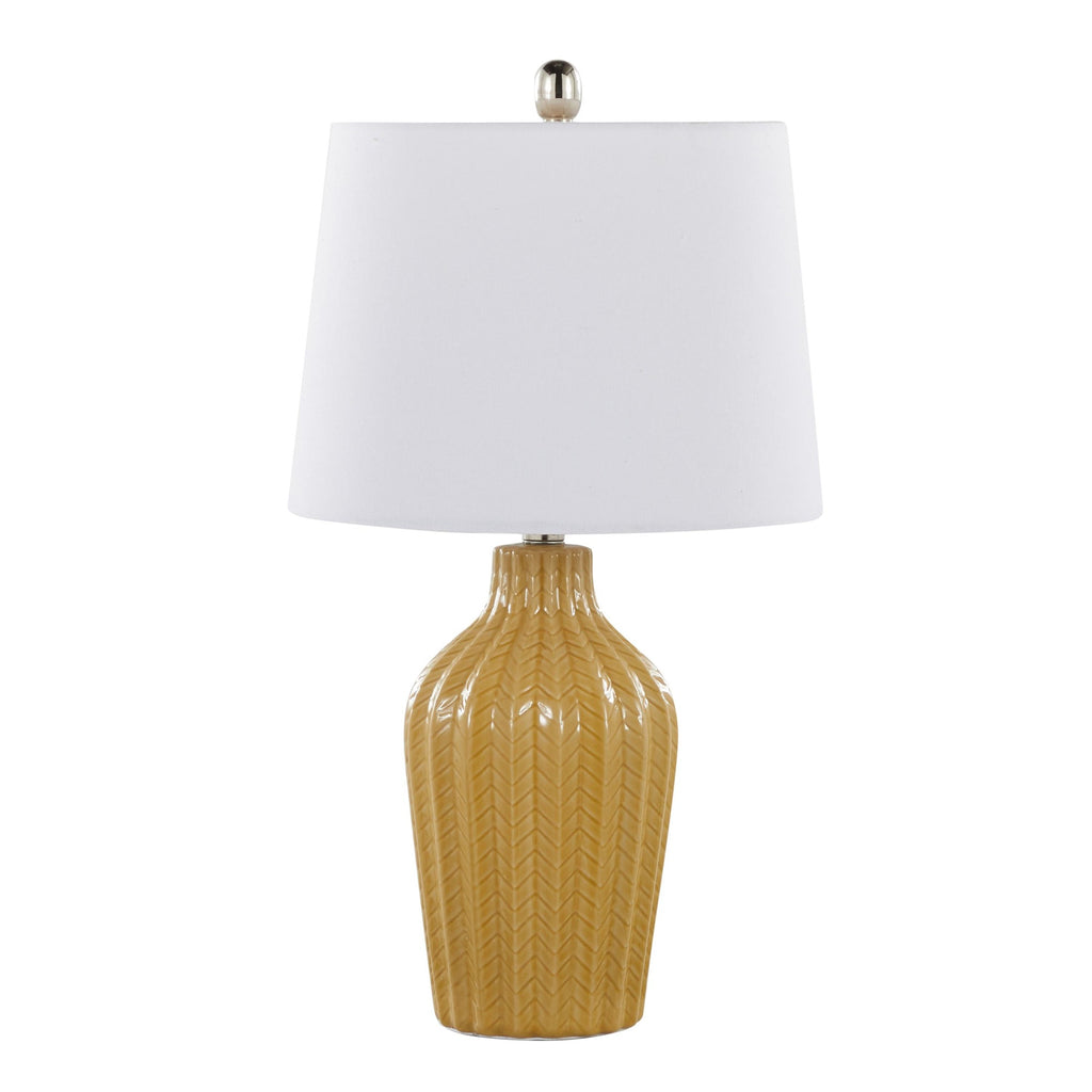 Rockwell 23.5" Ceramic Table Lamp - Set of 2 - Glossy Misted Yellow Ceramic, Polished Nickel, White Linen