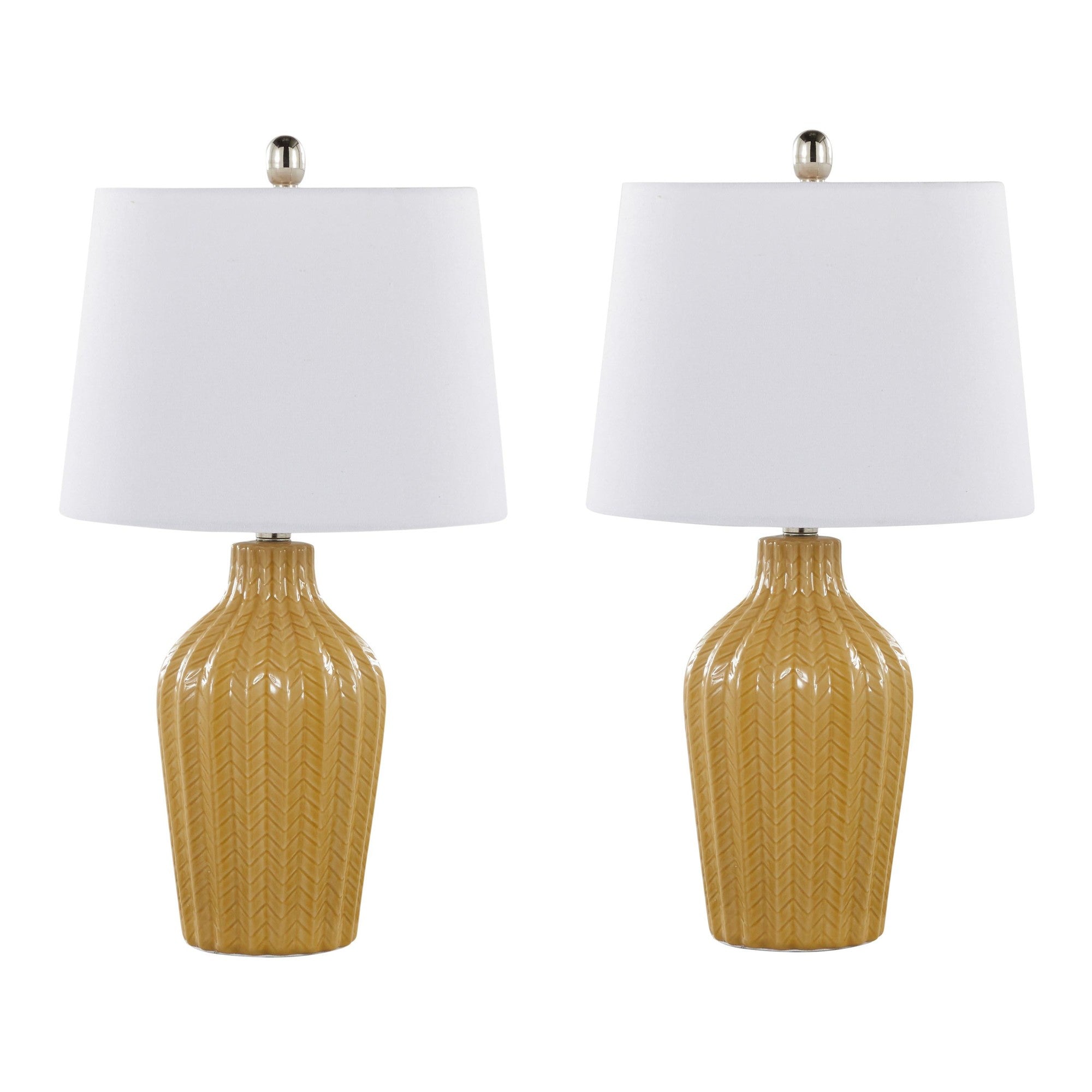 Rockwell 23.5" Ceramic Table Lamp - Set of 2 - Glossy Misted Yellow Ceramic, Polished Nickel, White Linen