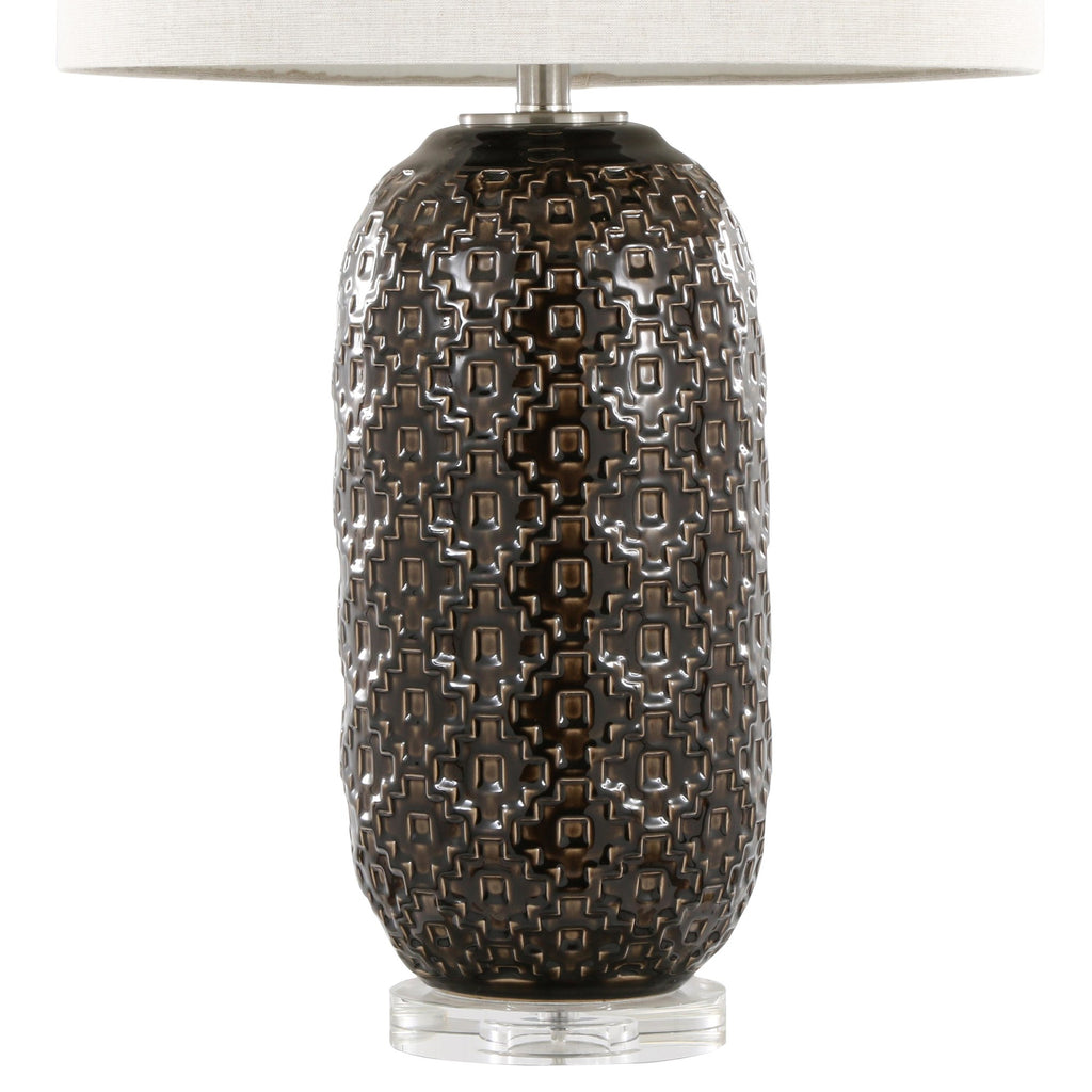 Onyx 30" Ceramic Table Lamp - Dark Grey Crackle Ceramic, Brushed Nickel, Clear Crystal, White Linen