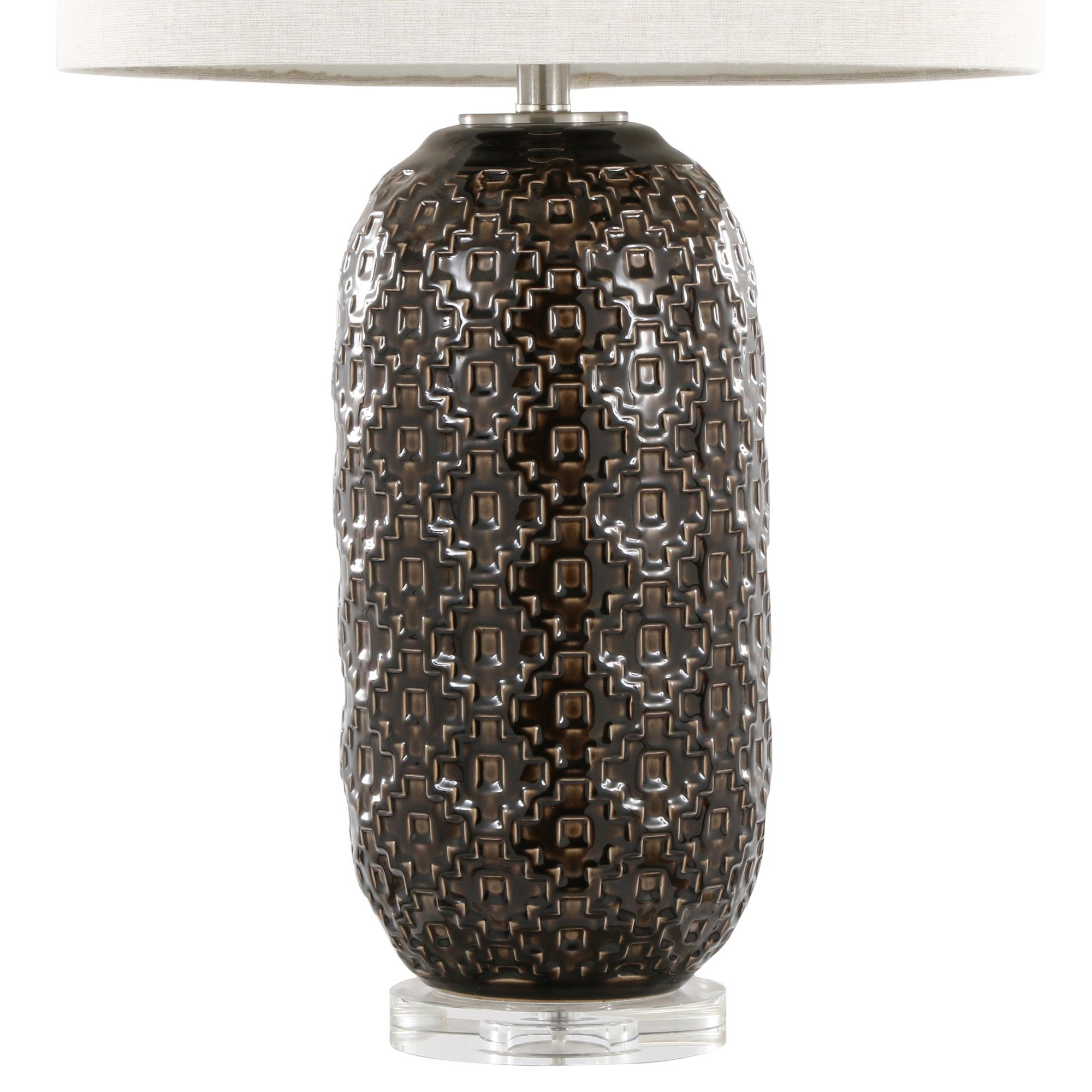 Onyx 30" Ceramic Table Lamp - Dark Grey Crackle Ceramic, Brushed Nickel, Clear Crystal, White Linen