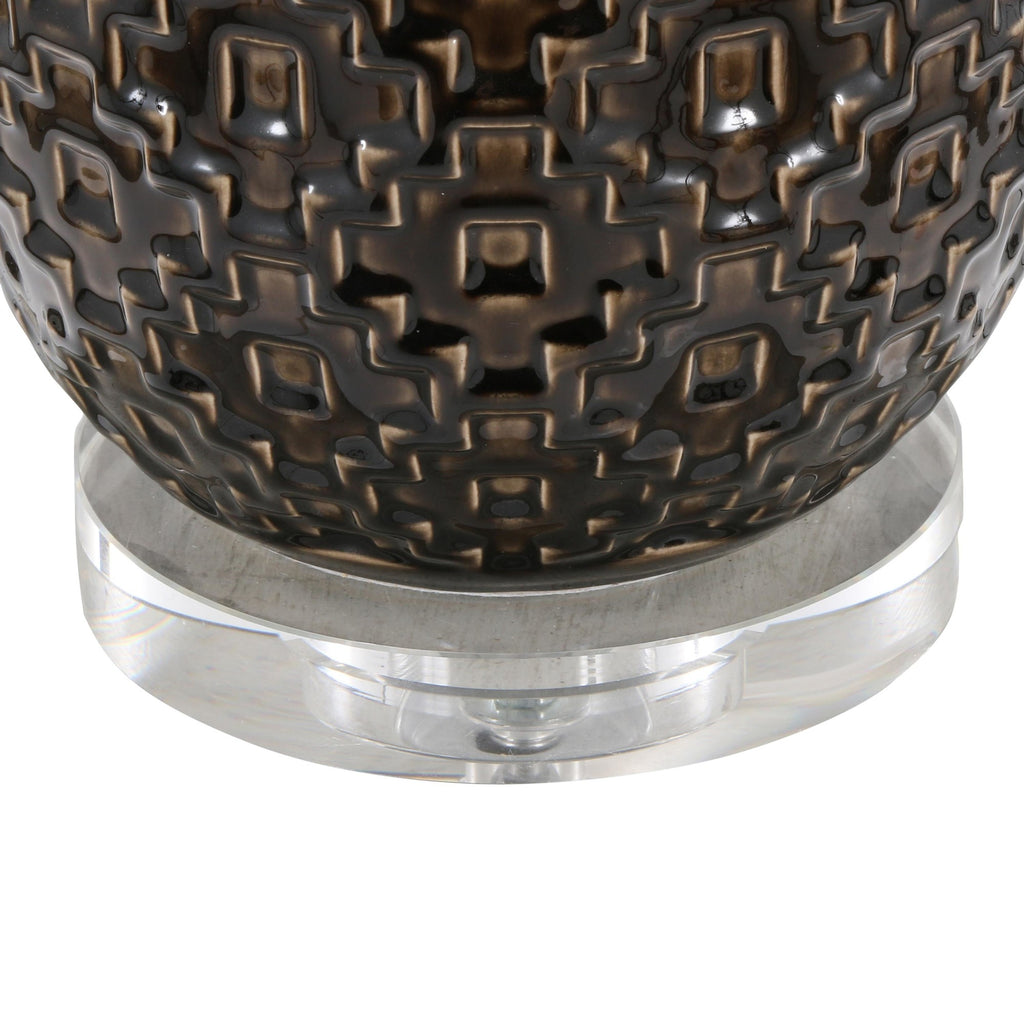 Onyx 30" Ceramic Table Lamp - Dark Grey Crackle Ceramic, Brushed Nickel, Clear Crystal, White Linen
