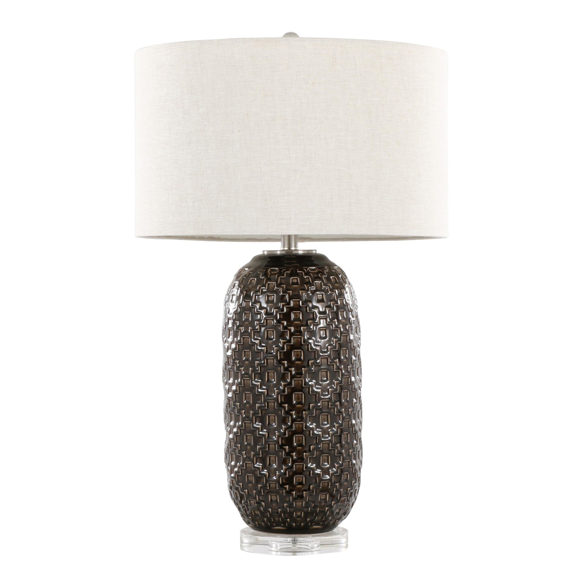 Onyx 30" Ceramic Table Lamp - Dark Grey Crackle Ceramic, Brushed Nickel, Clear Crystal, White Linen