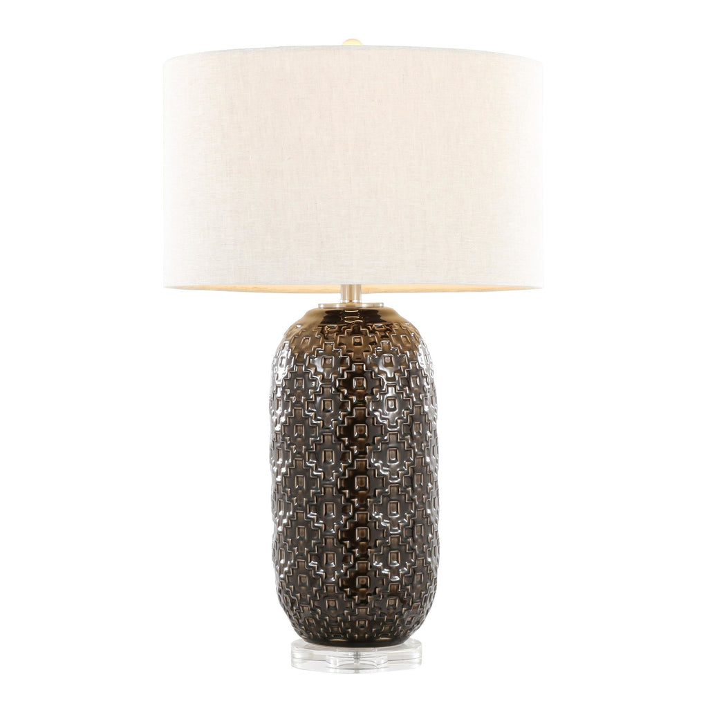Onyx 30" Ceramic Table Lamp - Dark Grey Crackle Ceramic, Brushed Nickel, Clear Crystal, White Linen