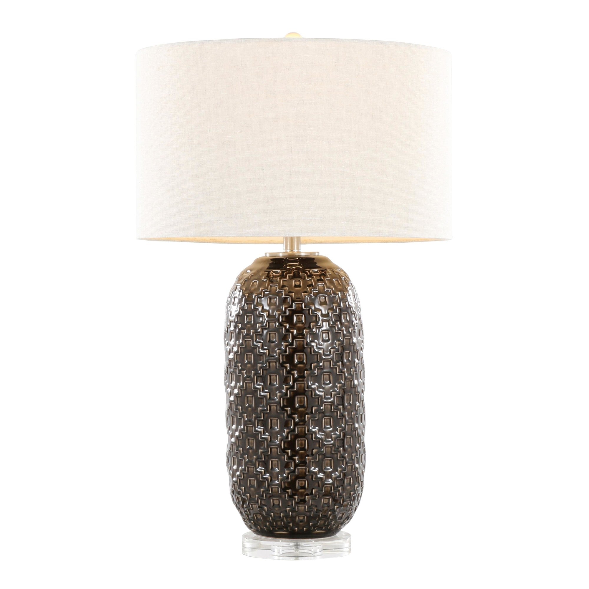 Onyx 30" Ceramic Table Lamp - Dark Grey Crackle Ceramic, Brushed Nickel, Clear Crystal, White Linen