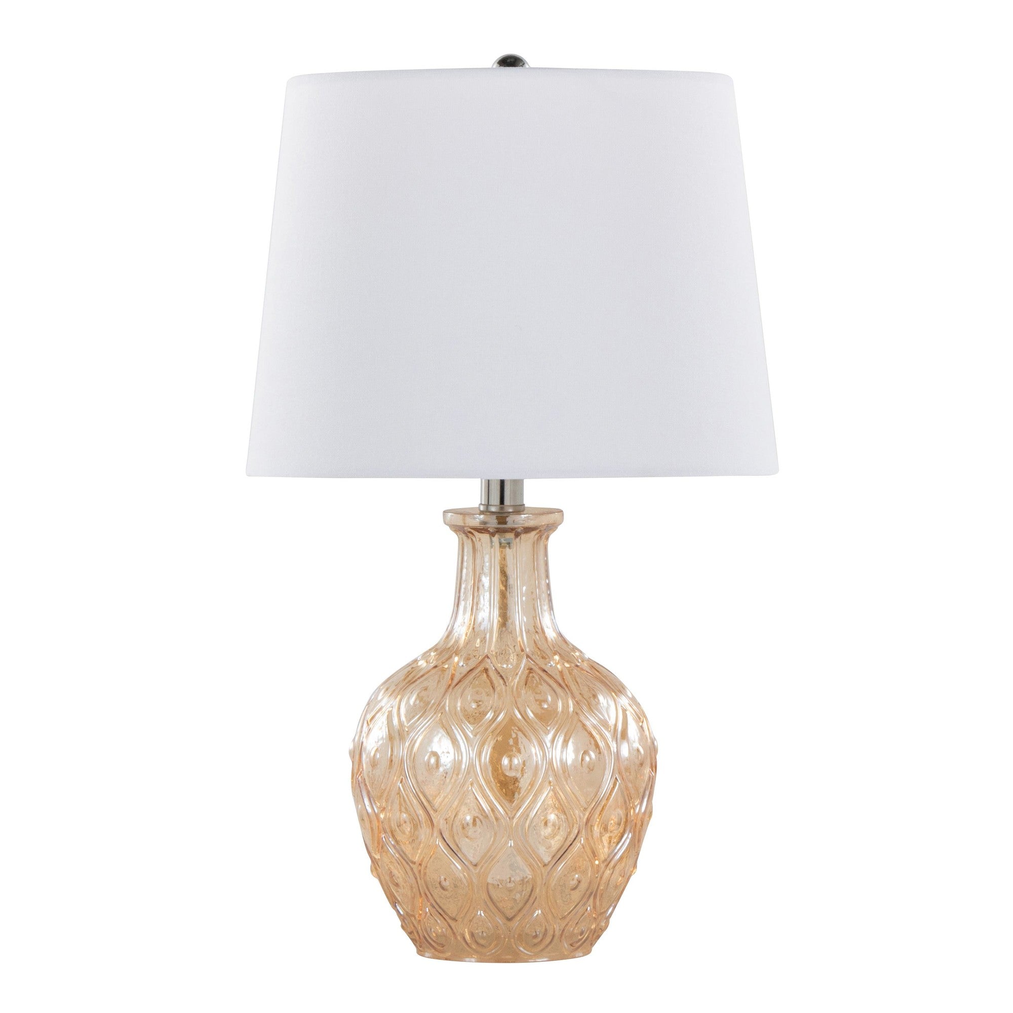 Gloria Round 20" Glass Accent Lamp - Set of 2 - Clear Champagne Lustre Glass, Chrome Metal, White Linen