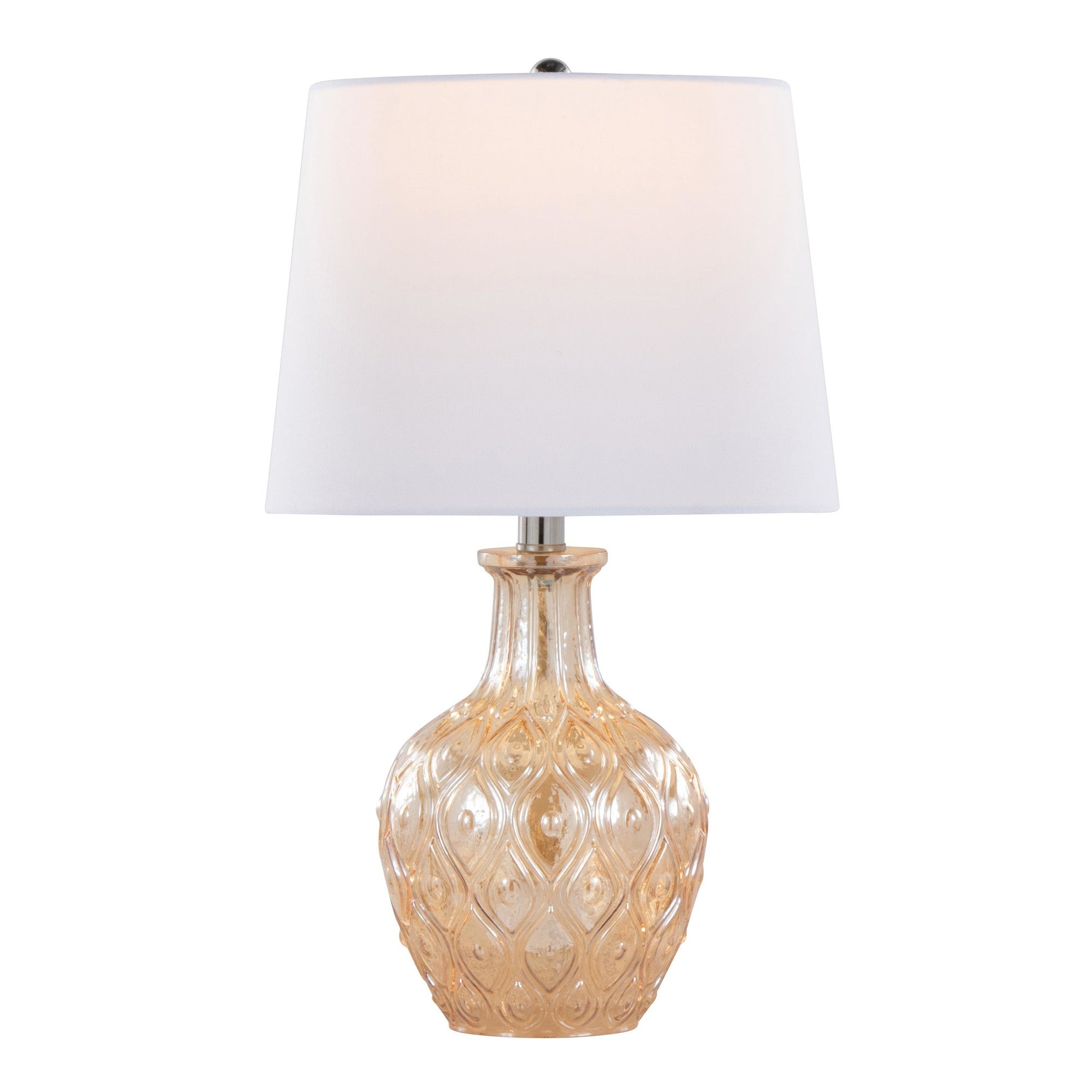 Gloria Round 20" Glass Accent Lamp - Set of 2 - Clear Champagne Lustre Glass, Chrome Metal, White Linen