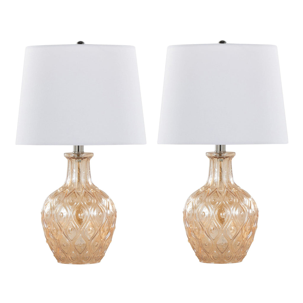 Gloria Round 20" Glass Accent Lamp - Set of 2 - Clear Champagne Lustre Glass, Chrome Metal, White Linen