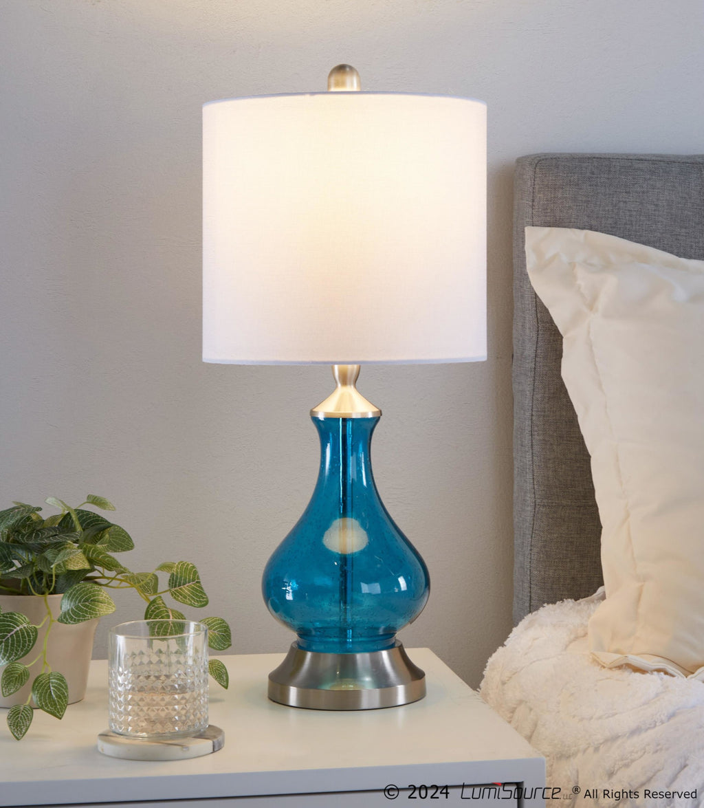 Jasmine 22" Glass Accent Lamp - Clear Sapphire Blue Seeded Glass, Brushed Nickel, White Linen