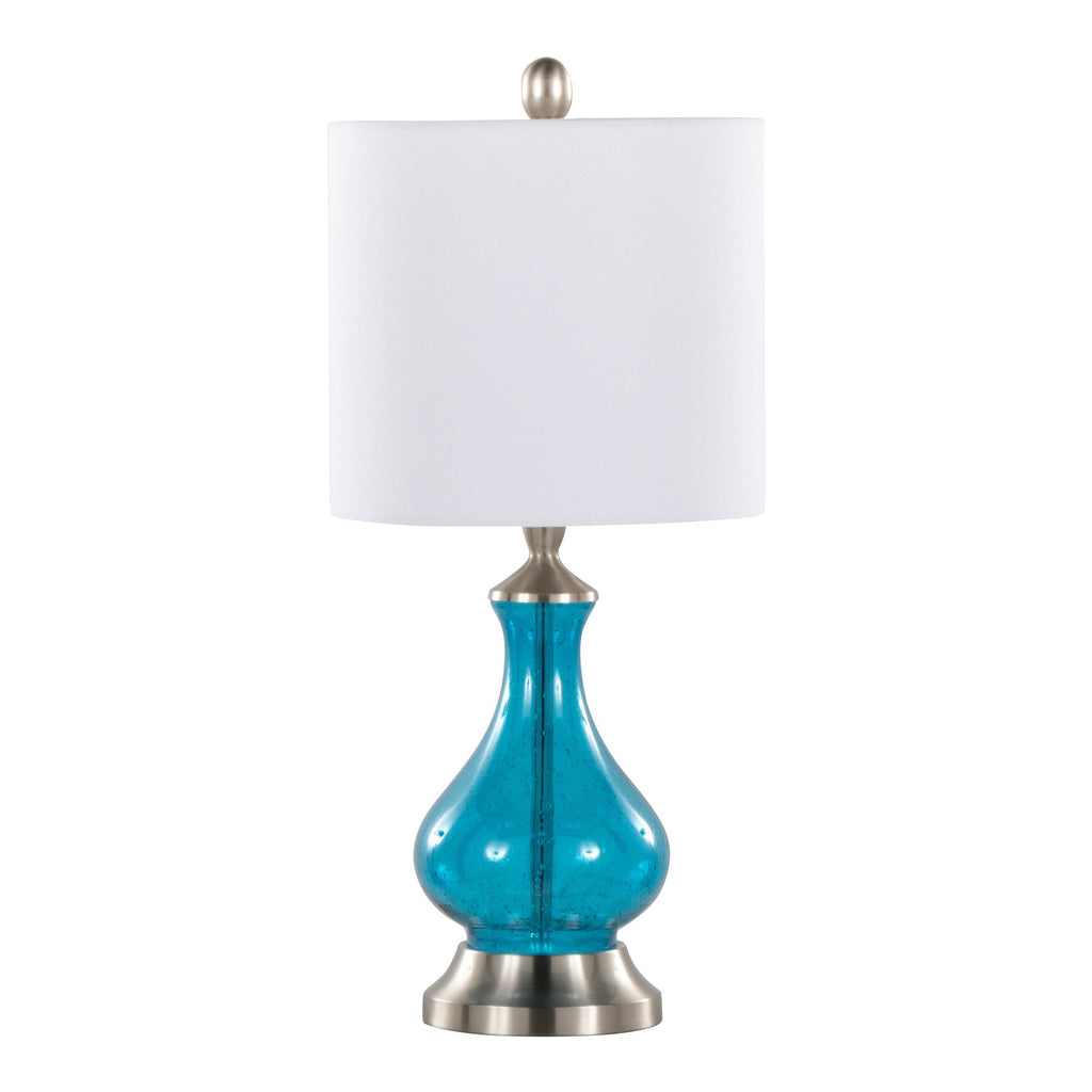 Jasmine 22" Glass Accent Lamp - Clear Sapphire Blue Seeded Glass, Brushed Nickel, White Linen