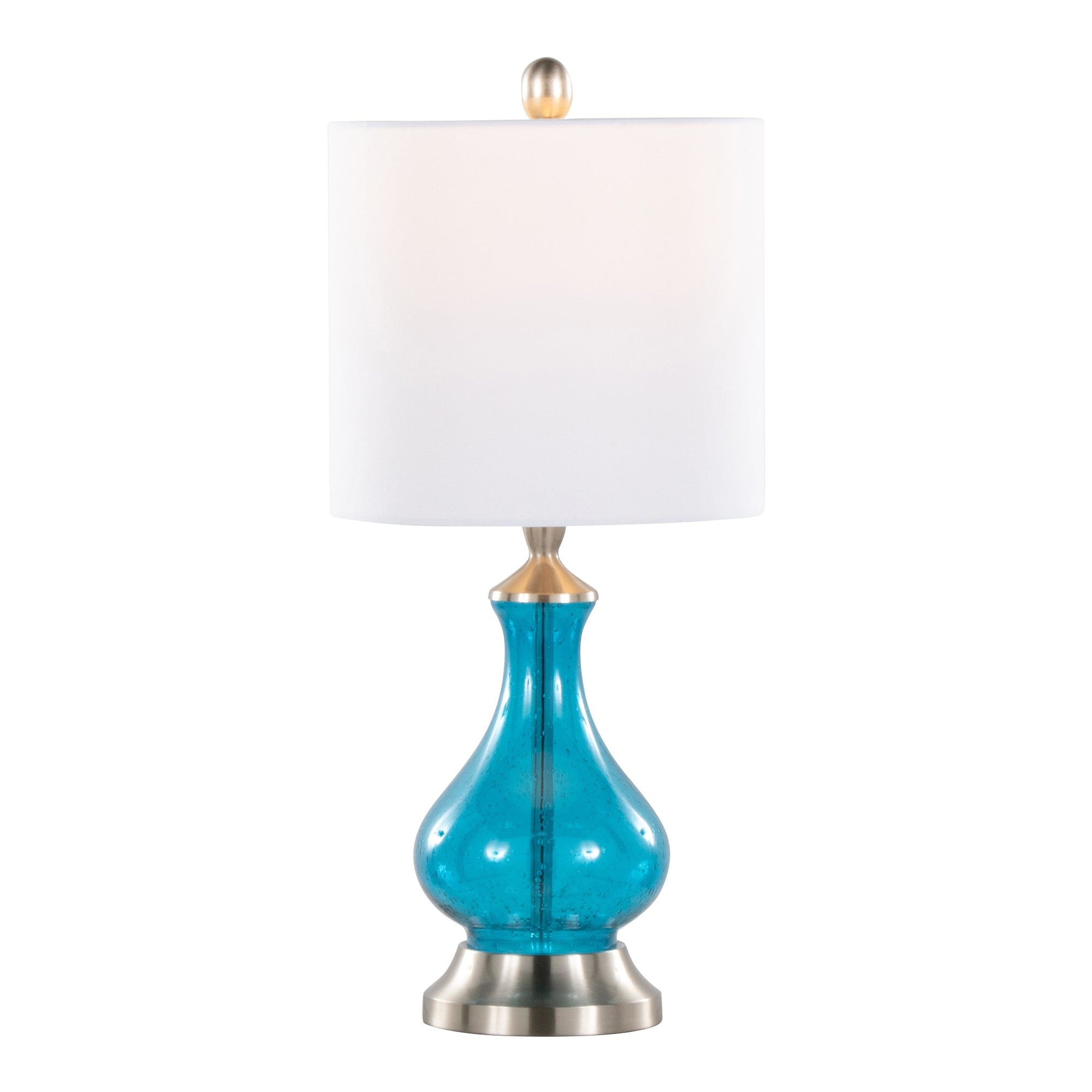 Jasmine 22" Glass Accent Lamp - Clear Sapphire Blue Seeded Glass, Brushed Nickel, White Linen