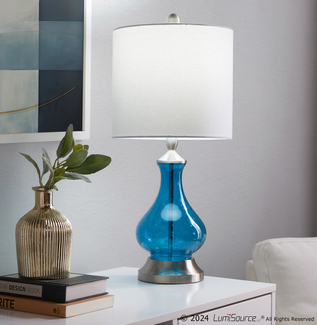Jasmine 22" Glass Accent Lamp - Clear Sapphire Blue Seeded Glass, Brushed Nickel, White Linen