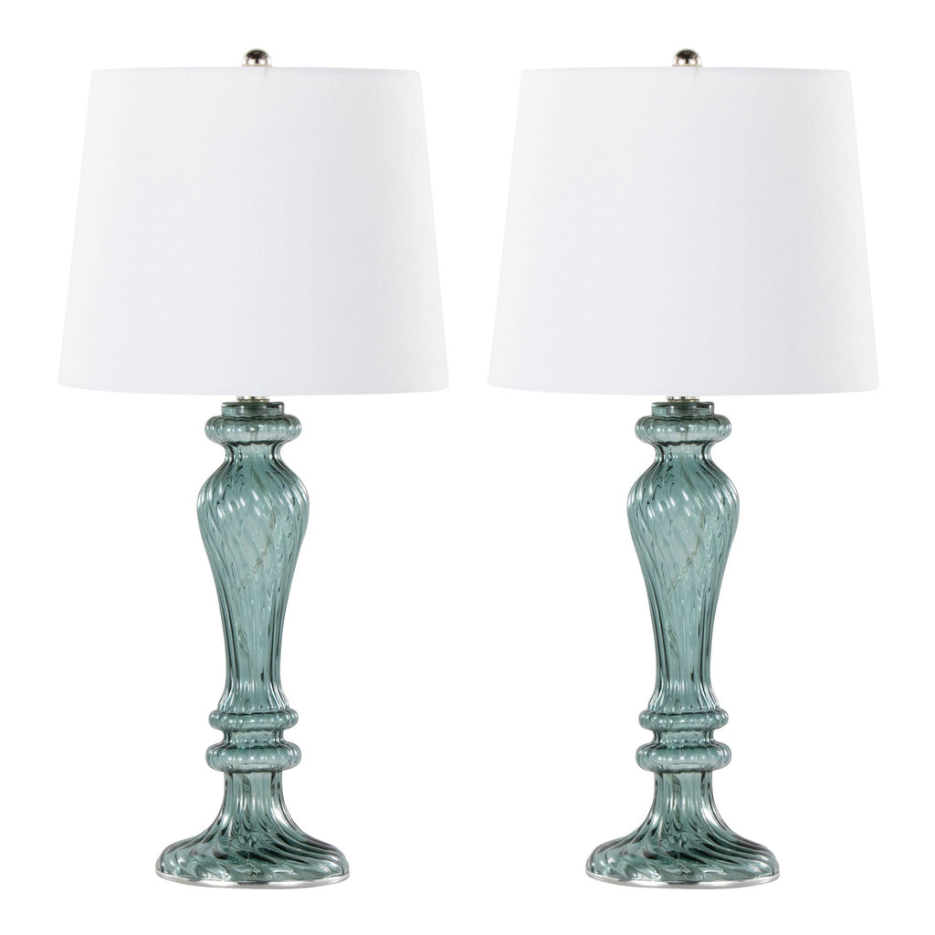 Windsor 25" Glass Table Lamp - Set of 2 - Clear Turquoise Glass, Off-white Linen, Polished Nickel