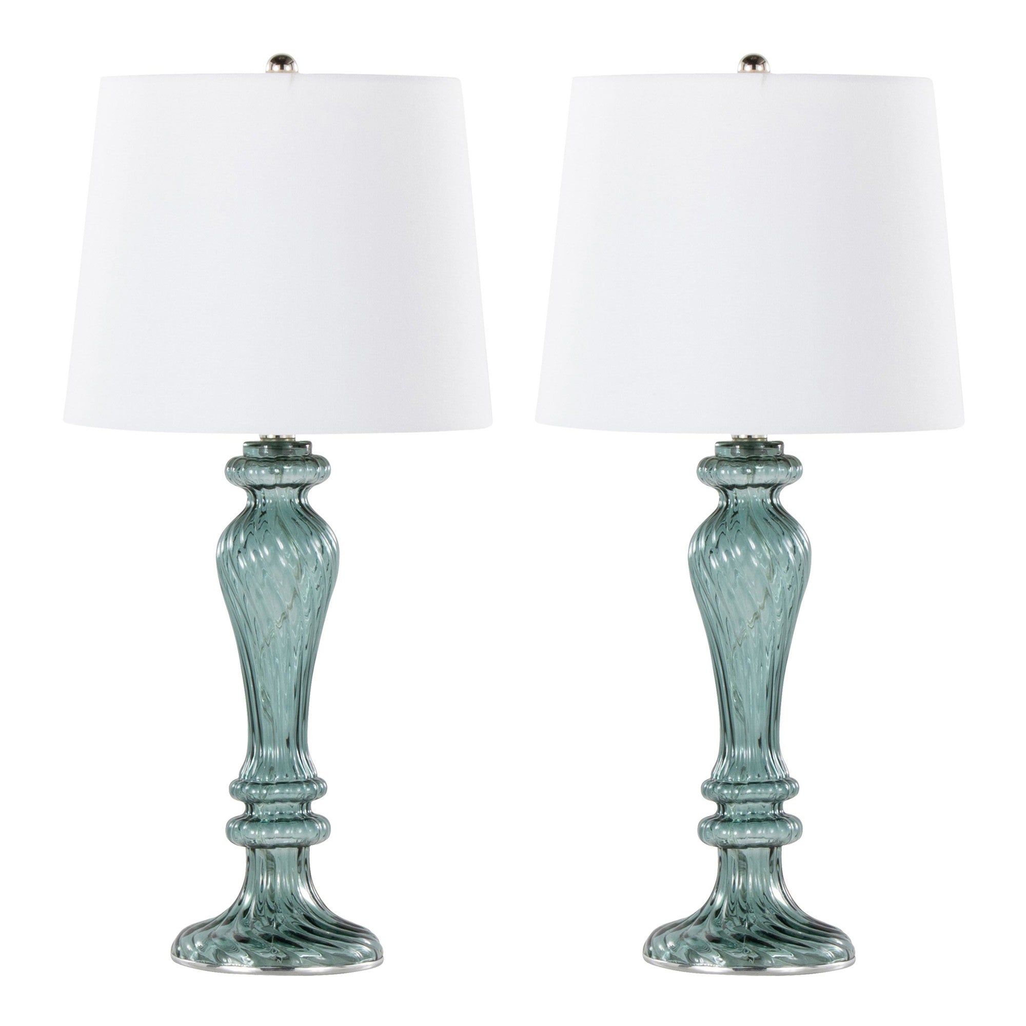Windsor 25" Glass Table Lamp - Set of 2 - Clear Turquoise Glass, Off-white Linen, Polished Nickel