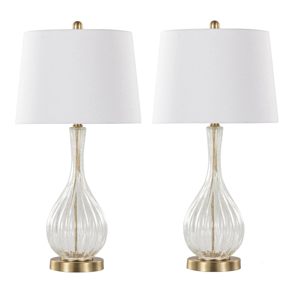 Jenny 27" Glass Table Lamp - Set of 2 - Clear Crackle Glass, Gold Metal, White Linen