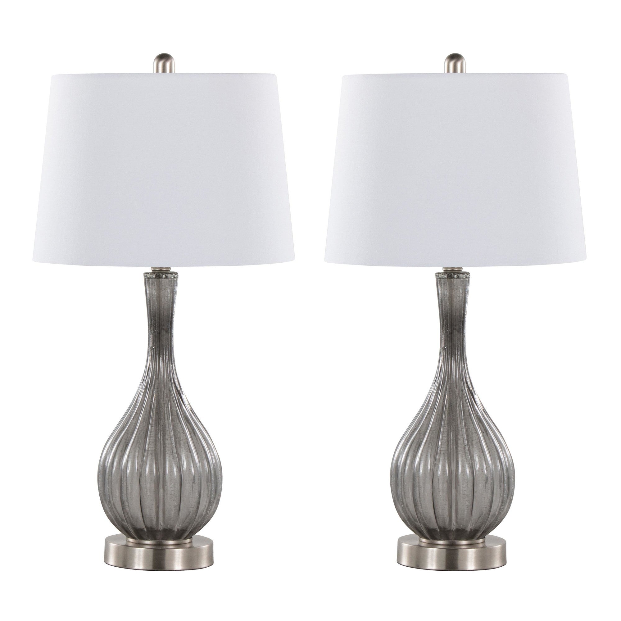 Jenny 27" Glass Table Lamp - Set of 2 - Clear Smokey Crackle Glass, Brushed Nickel, White Linen