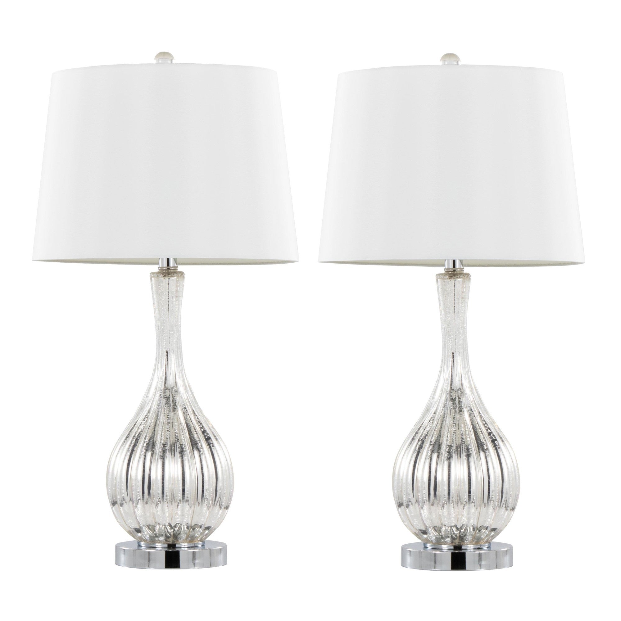 Jenny 27" Glass Table Lamp - Set of 2 - Silver Crackle Glass, Chrome Metal, White Linen