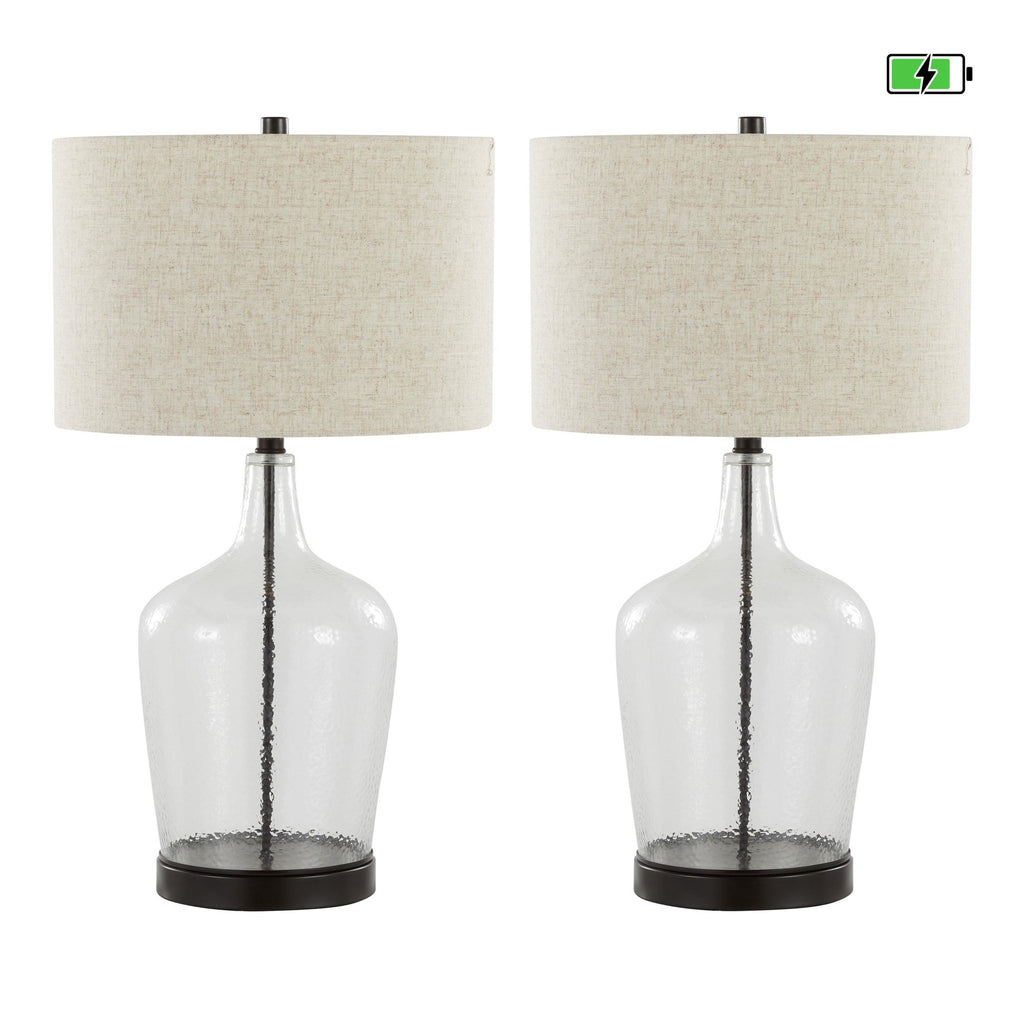 Botella 28" Glass Table Lamp With Usb - Set of 2 - Clear Dimpled Glass, Oil Bronze Metal, Natural Linen