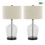 Botella 28" Glass Table Lamp With Usb - Set of 2 - Clear Dimpled Glass, Oil Bronze Metal, Natural Linen