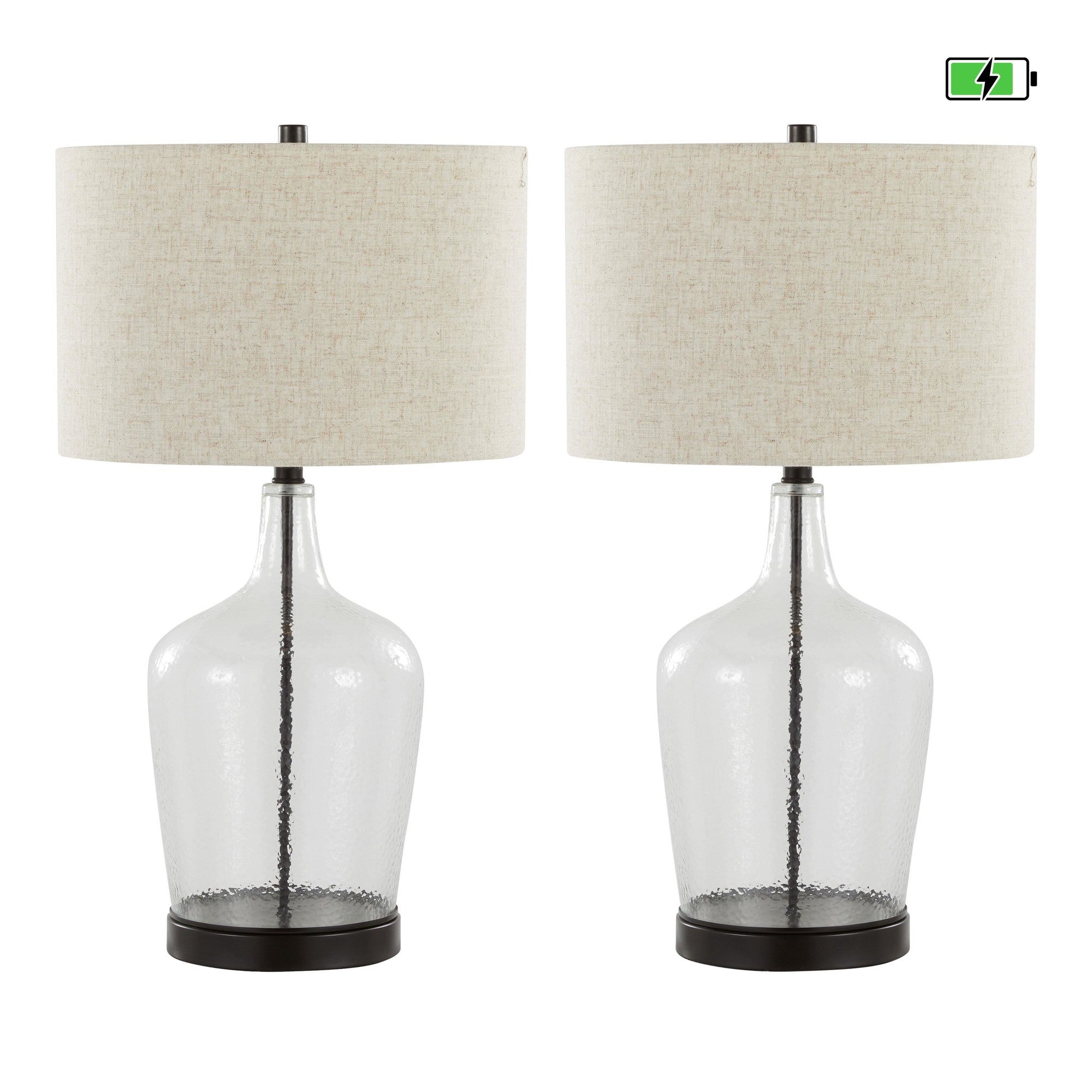 Botella 28" Glass Table Lamp With Usb - Set of 2 - Clear Dimpled Glass, Oil Bronze Metal, Natural Linen