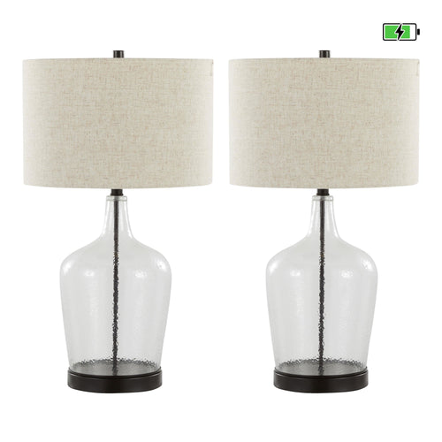 Botella 28" Glass Table Lamp With Usb - Set of 2 - Clear Dimpled Glass, Oil Bronze Metal, Natural Linen