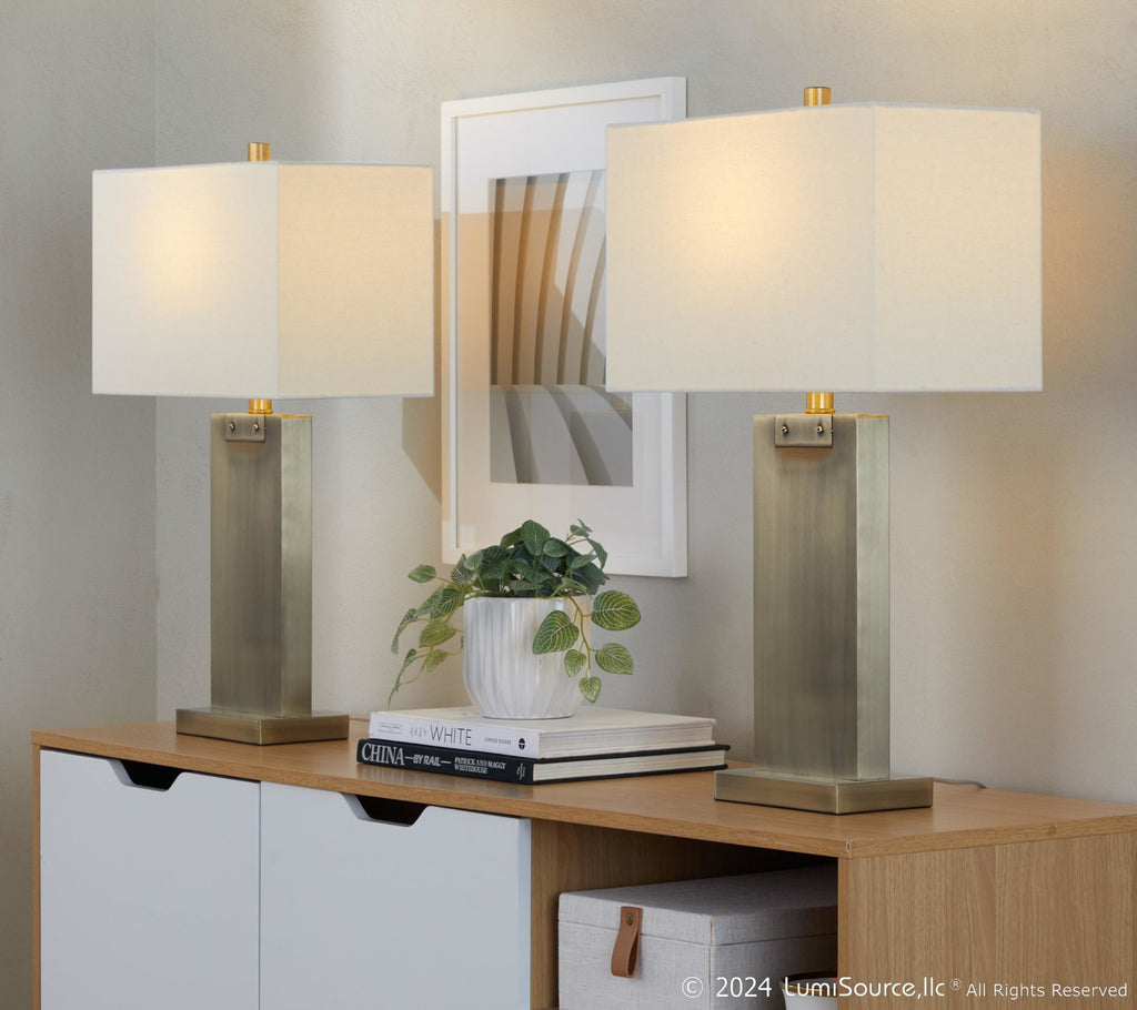 Royce 26" Metal Table Lamp - Set of 2 - Antique Brass Metal, White Linen