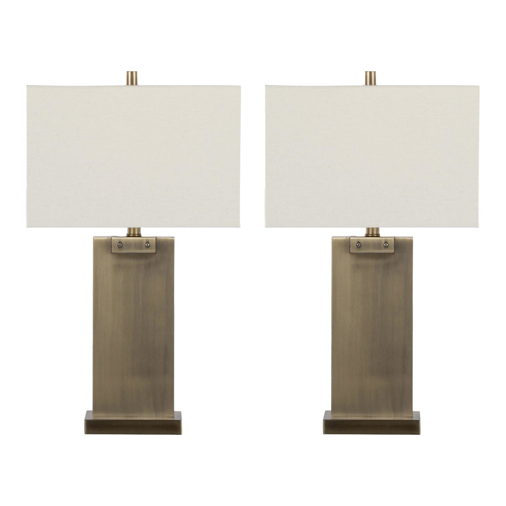 Royce 26" Metal Table Lamp - Set of 2 - Antique Brass Metal, White Linen
