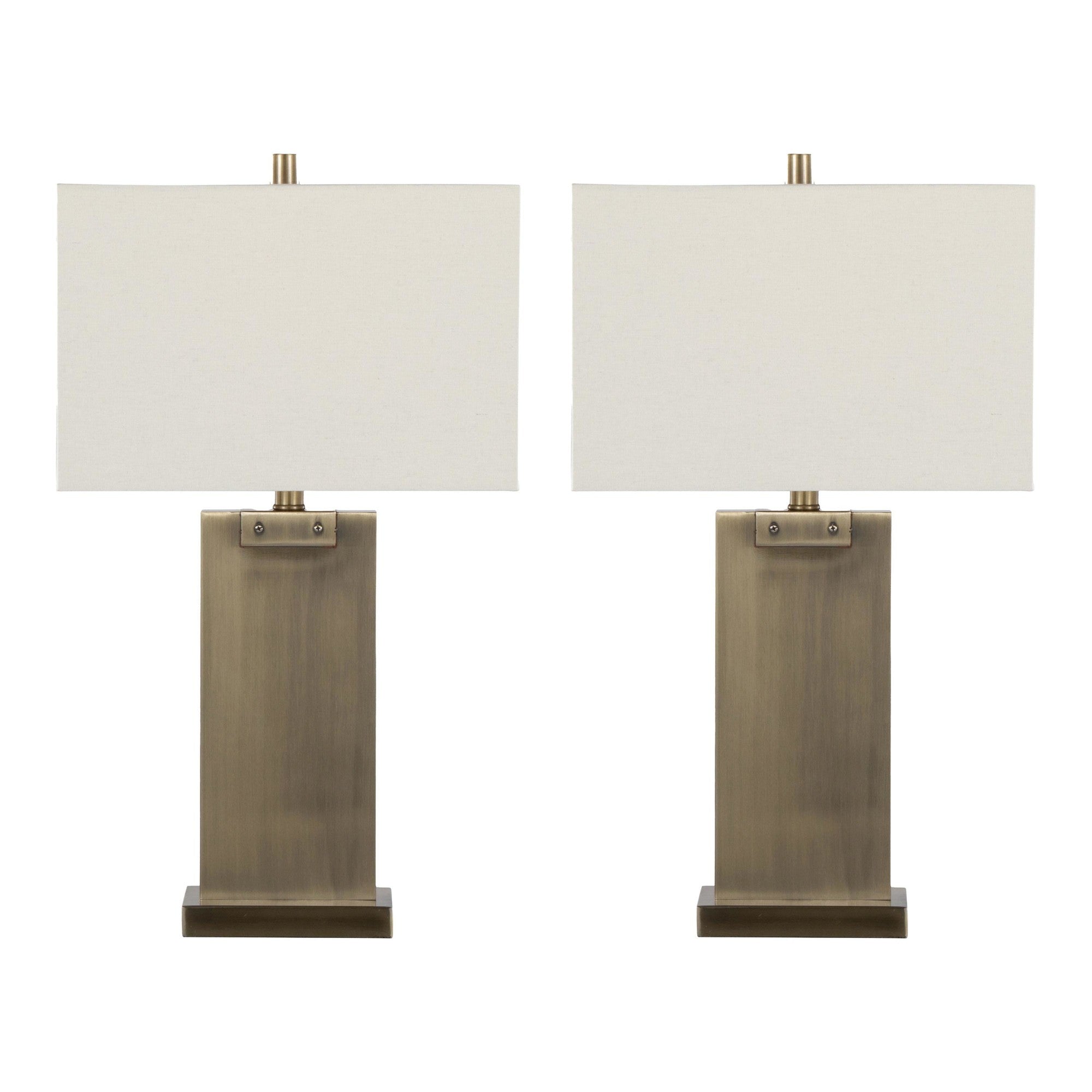 Royce 26" Metal Table Lamp - Set of 2 - Antique Brass Metal, White Linen