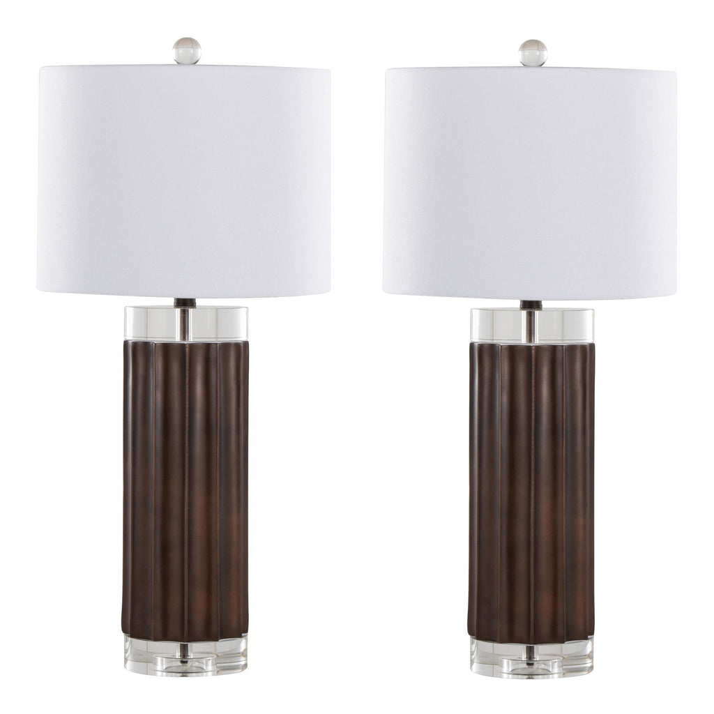 Cylinder Fluted 29.25" Polyresin Table Lamp - Set of 2 - Brown Lustre Polyresin, Clear Crystal, White Linen