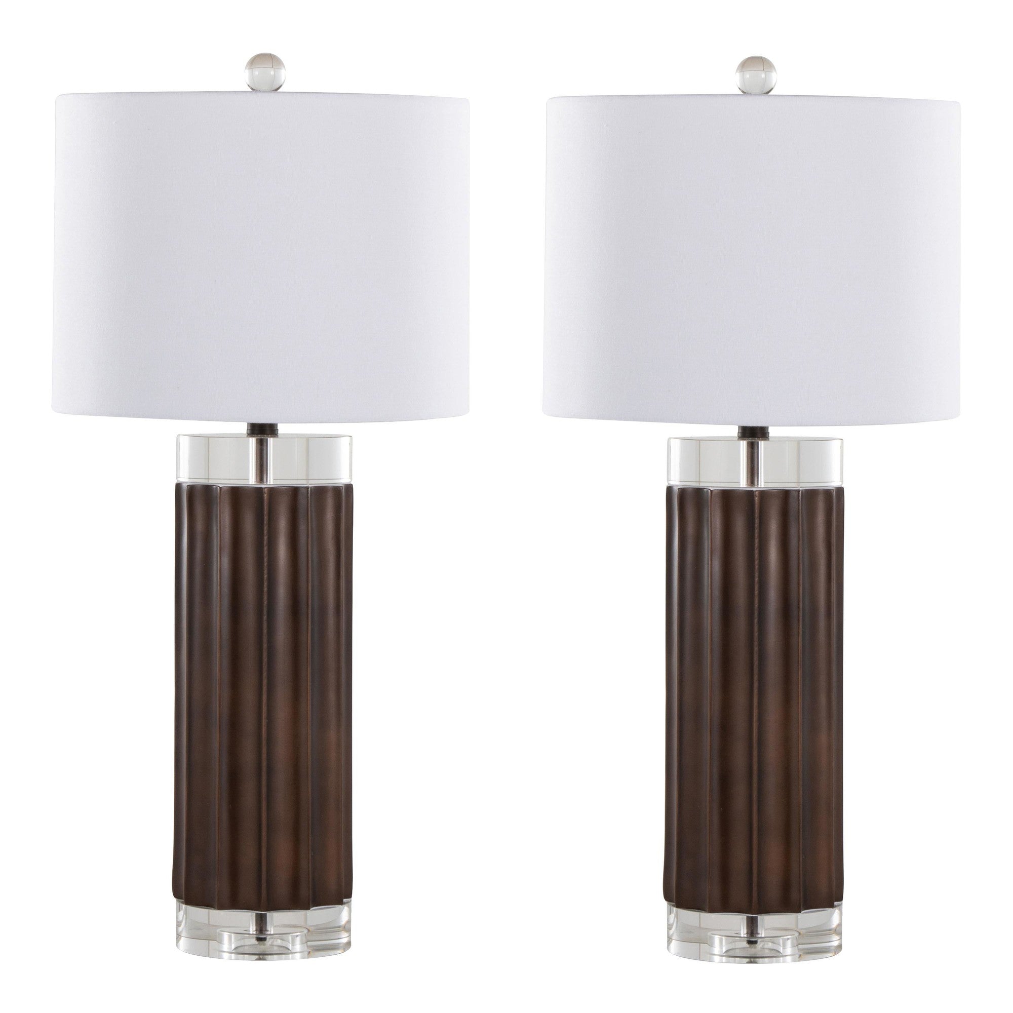 Cylinder Fluted 29.25" Polyresin Table Lamp - Set of 2 - Brown Lustre Polyresin, Clear Crystal, White Linen