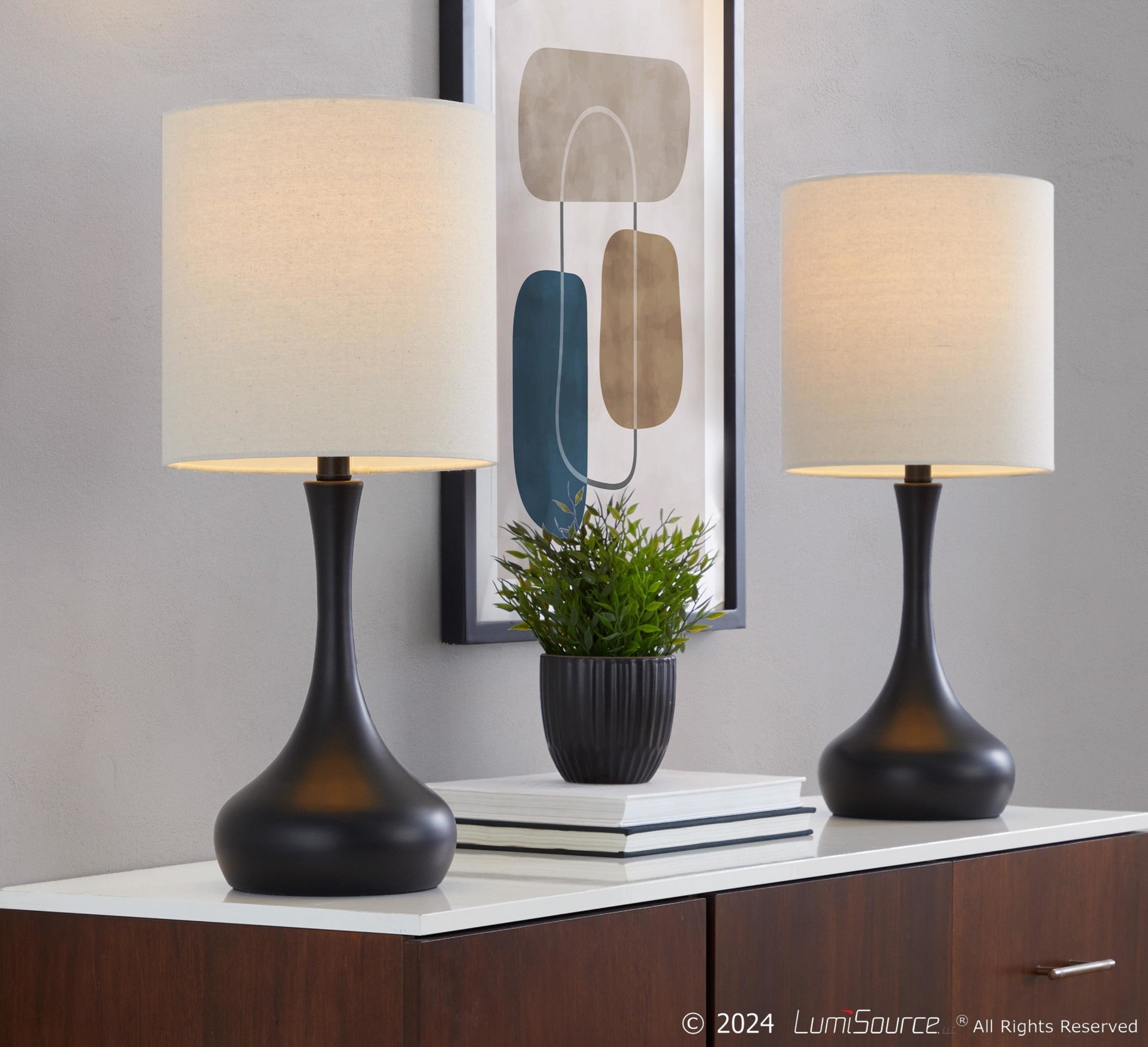 Genie 24" Metal Table Lamp - Set of 2 - Matte Black Metal, Oatmeal Linen