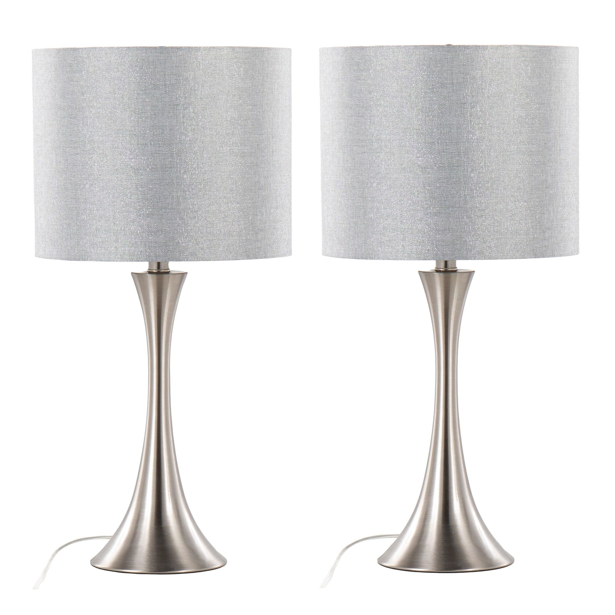 Lenuxe 24" Metal Table Lamp - Set of 2 - Brushed Nickel, Grey Sparkly Linen, Silver Metallic Threading