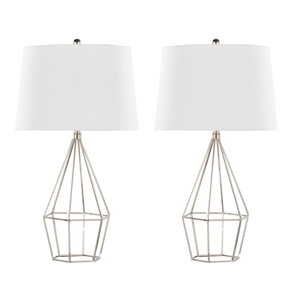Geome 27" Metal Table Lamp - Set of 2 - Polished Nickel, White Linen